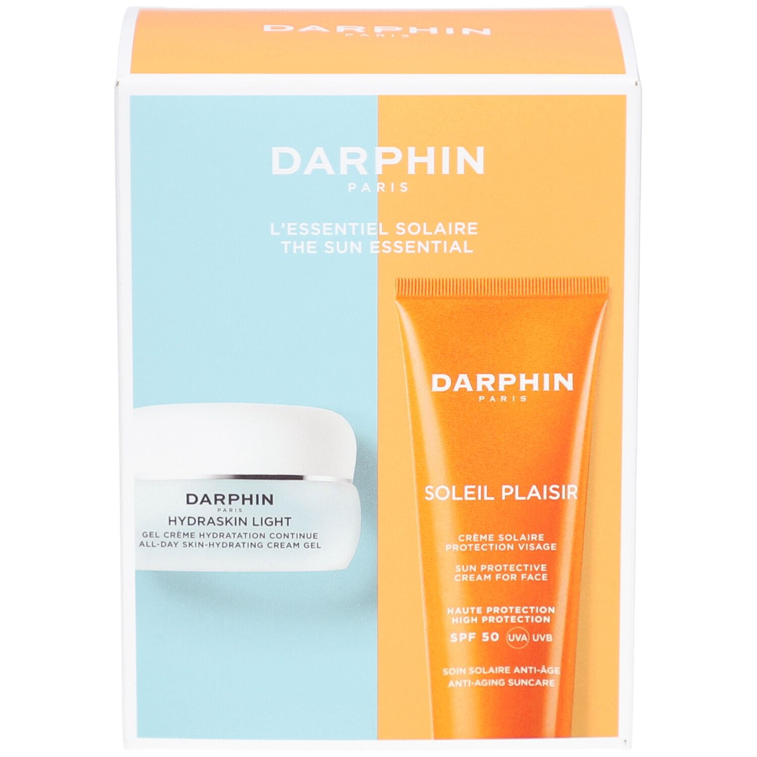 Verpackung von Darphin L'essentiel Solaire. Enthält Sonnencreme und Hydraskin Light. Orange und blaue Farbtöne.