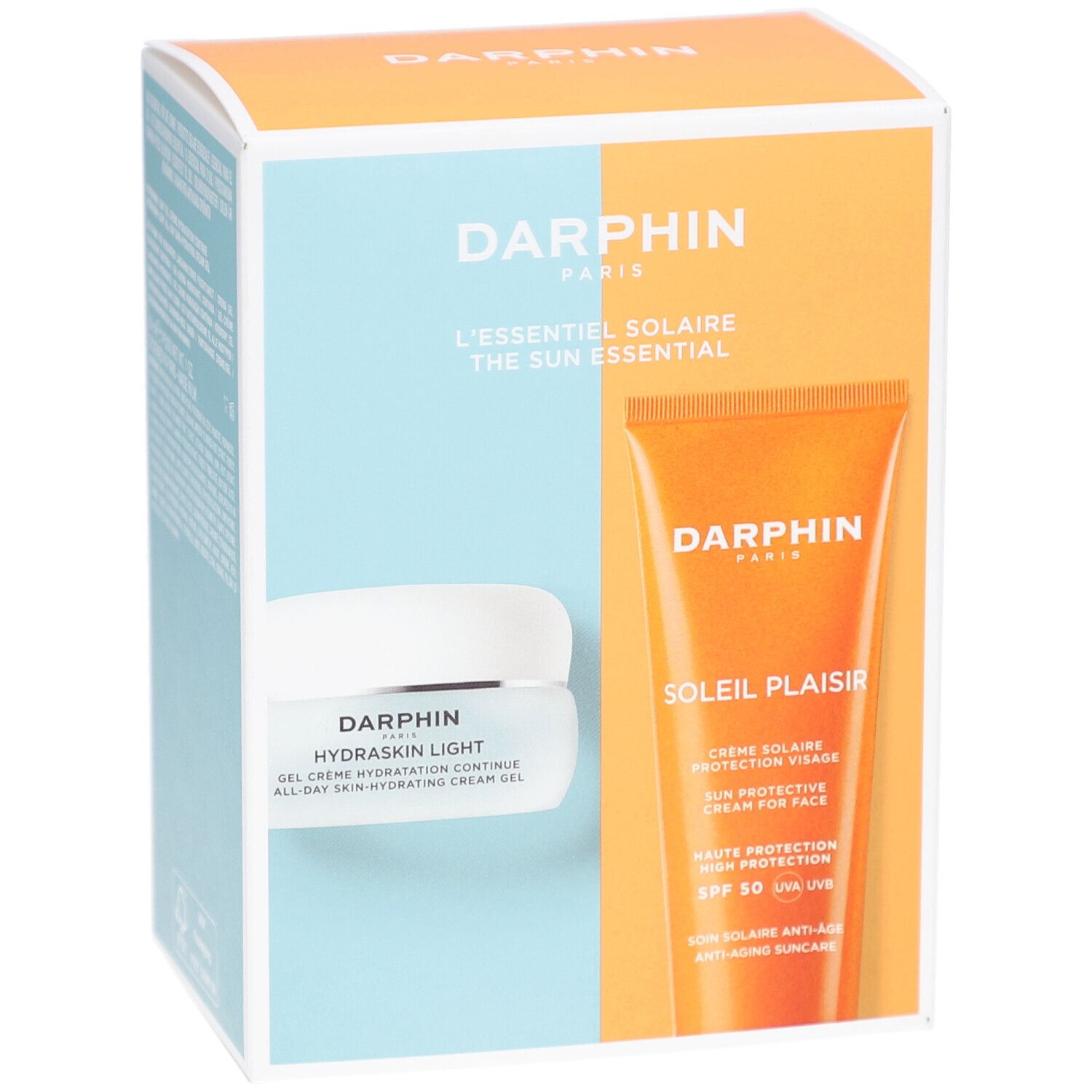 Verpackung von Darphin L'essentiel Solaire. Enthält Sonnencreme und Hydraskin Light. Orange und blaue Farbtöne.