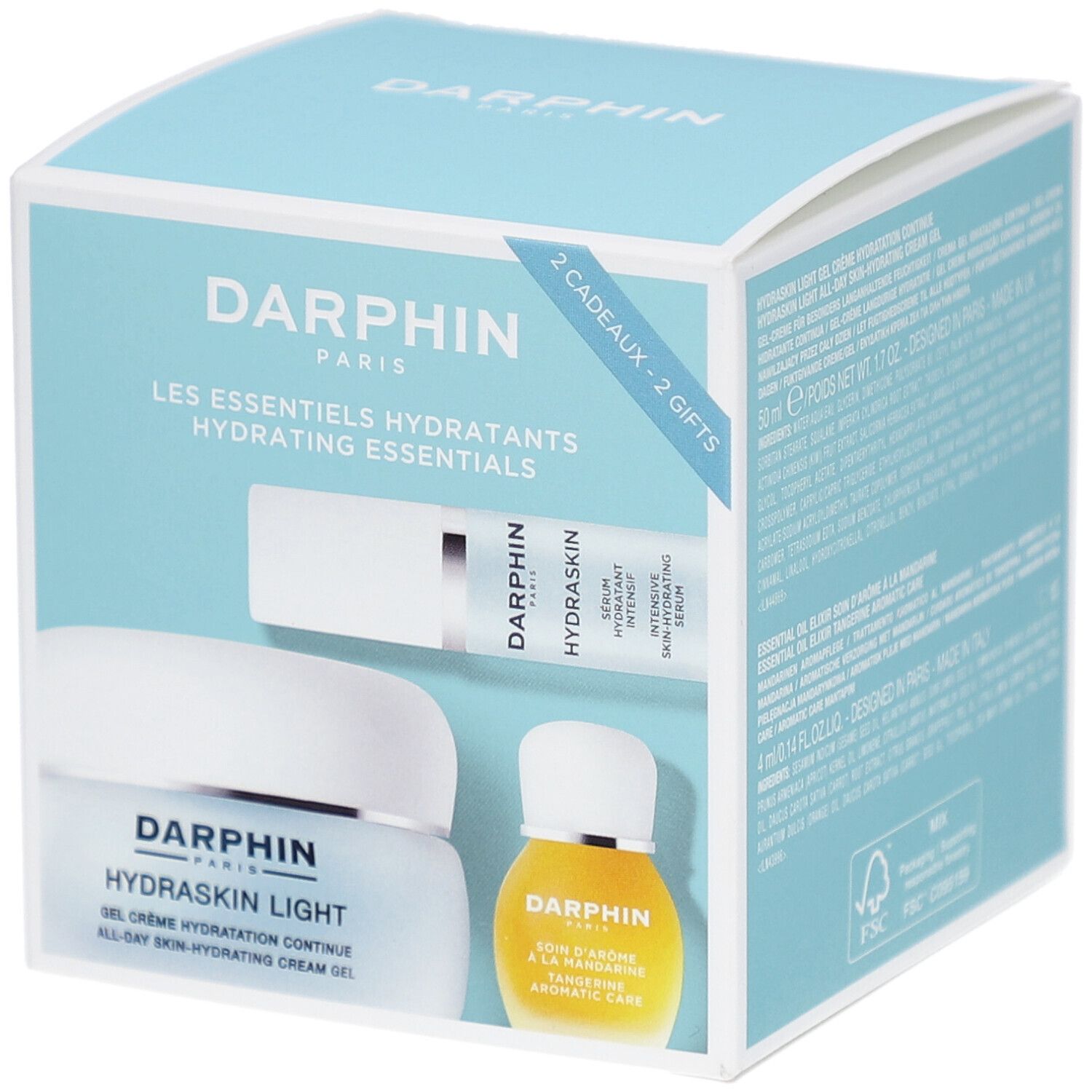 Geschenkbox mit drei Produkten: Serum, Creme und Öl. Aufschrift: Darphin Paris, Hydraskin Light, Hydrating Essentials. Hellblaue Verpackung.