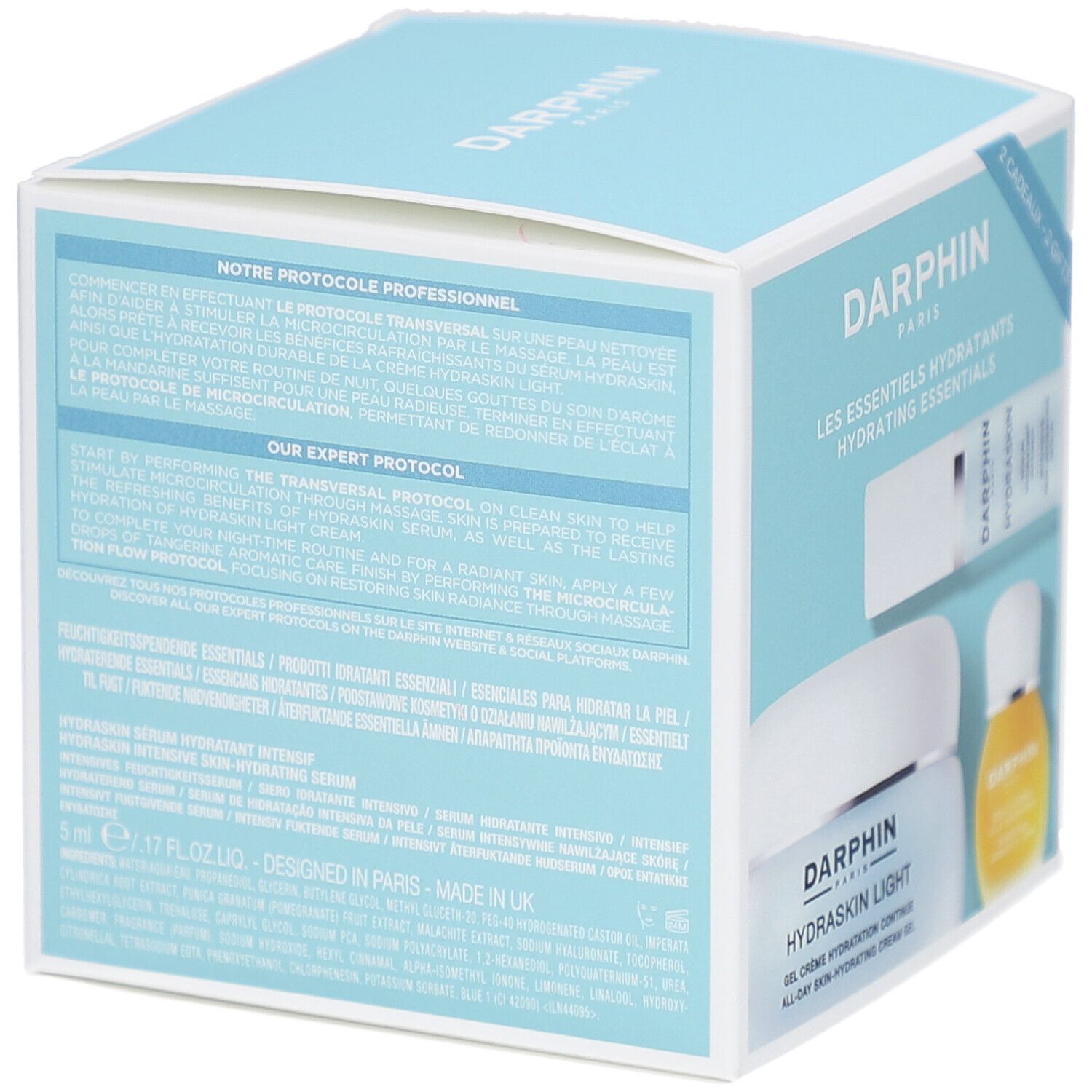 Rückseite der Geschenkbox. Text in mehreren Sprachen. Aufschrift: Darphin Paris, Hydrating Essentials. Hellblaue Verpackung.
