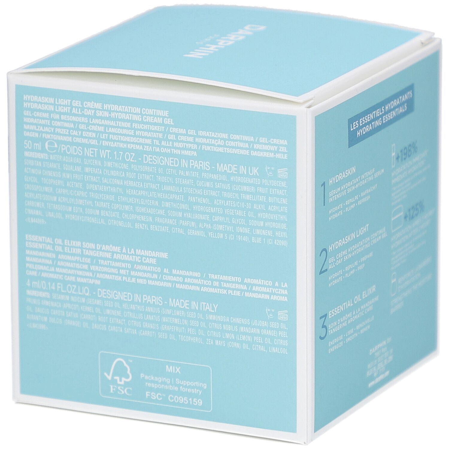 Rückseite der Geschenkbox. Text in mehreren Sprachen. Aufschrift: Darphin Paris, Hydrating Essentials. Hellblaue Verpackung.