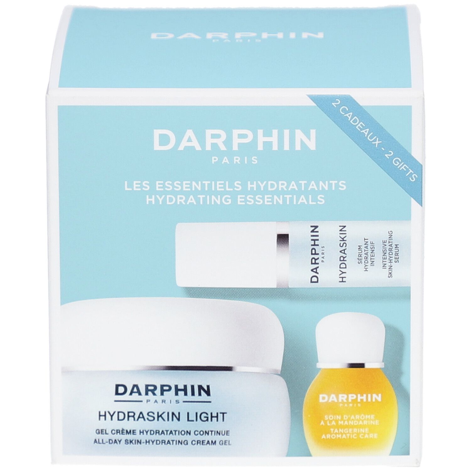 Geschenkbox mit drei Produkten: Serum, Creme und Öl. Aufschrift: Darphin Paris, Hydraskin Light, Hydrating Essentials. Hellblaue Verpackung.