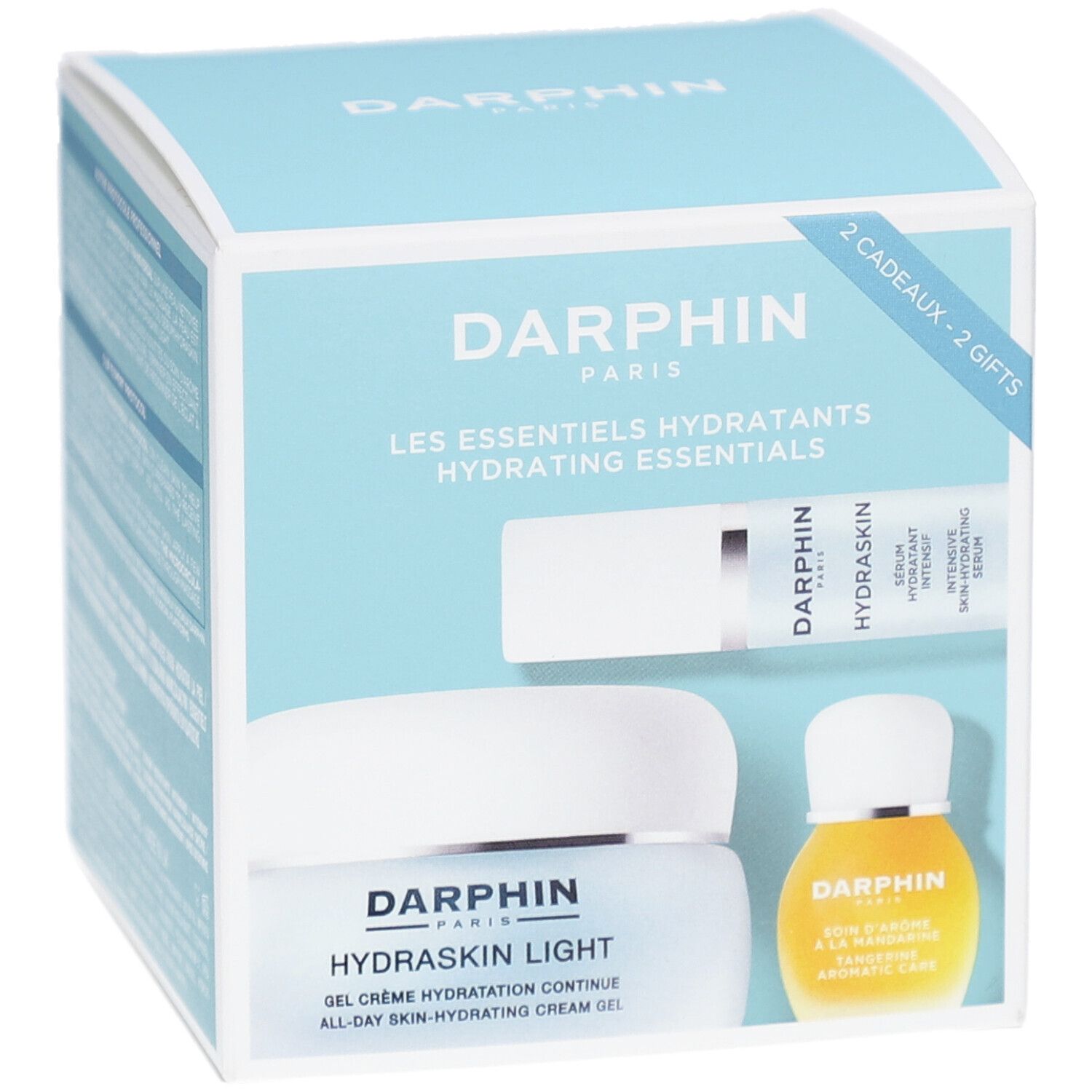 Geschenkbox mit drei Produkten: Serum, Creme und Öl. Aufschrift: Darphin Paris, Hydraskin Light, Hydrating Essentials. Hellblaue Verpackung.