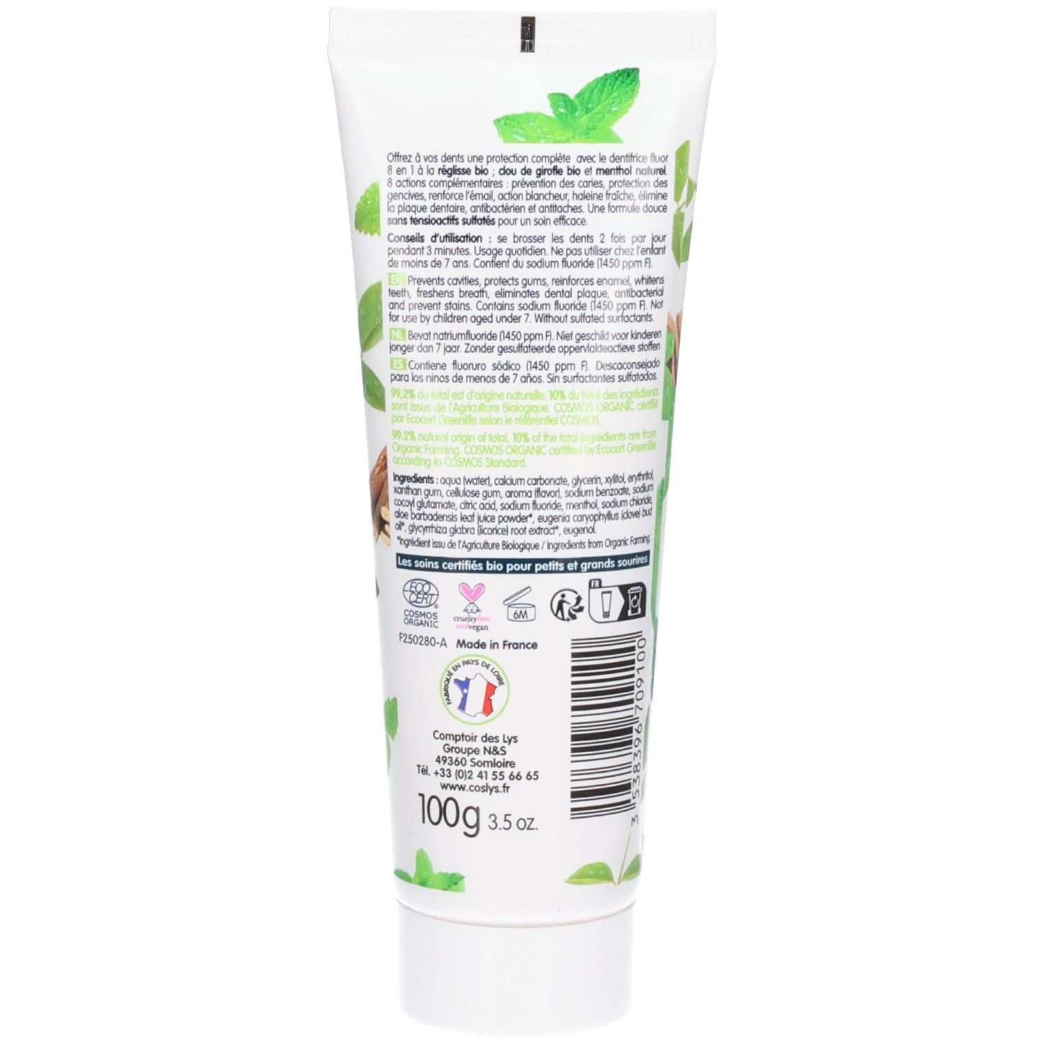 Rückseite der Zahnpasta-Tube mit Text, Inhaltsstoffen und Zertifizierungen. Enthält 100g und 3.5 oz.