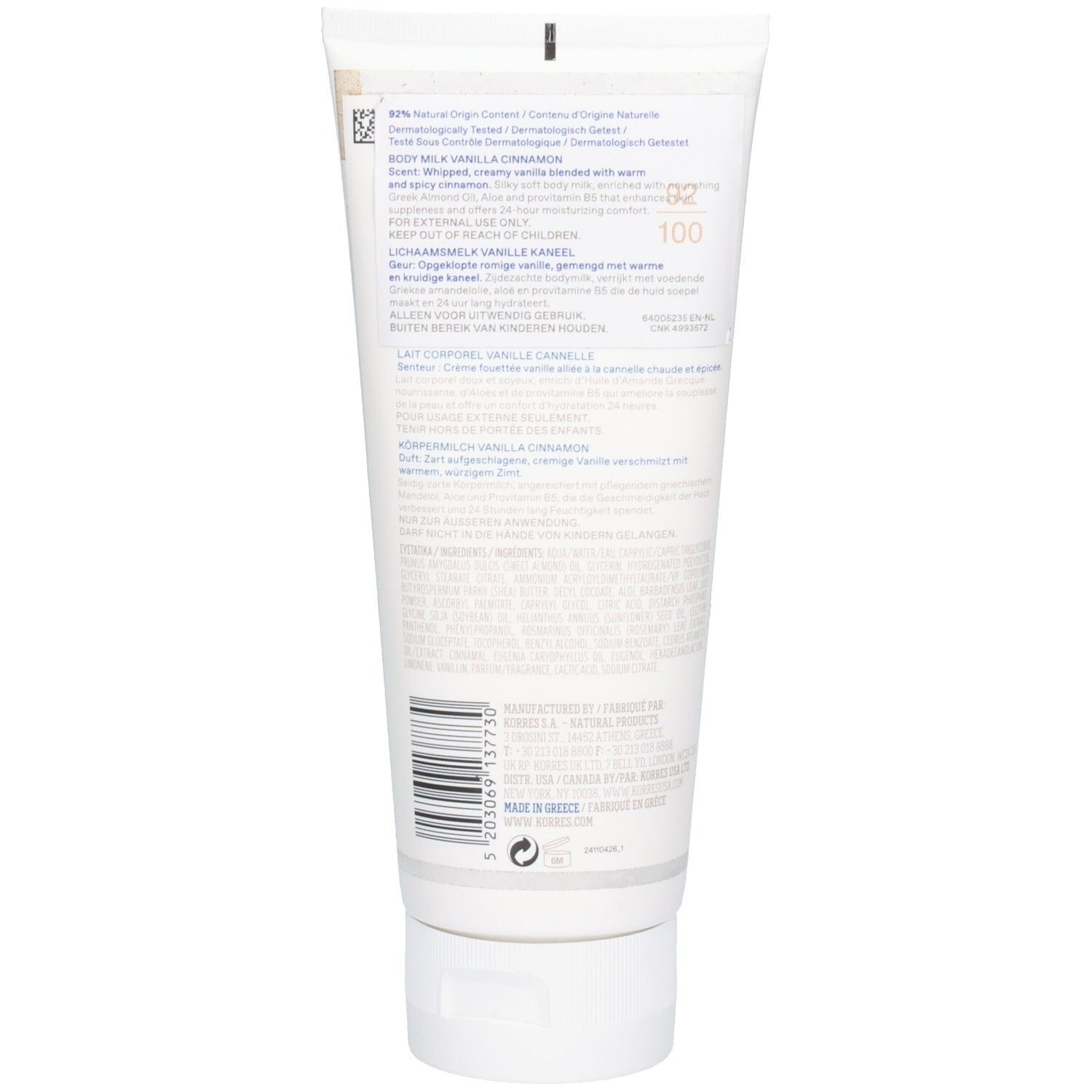 Rückseite der Korres Kb Vanille Zimt Body Milk Tube. Text mit Produktinformationen und Inhaltsstoffen auf weißem Hintergrund.