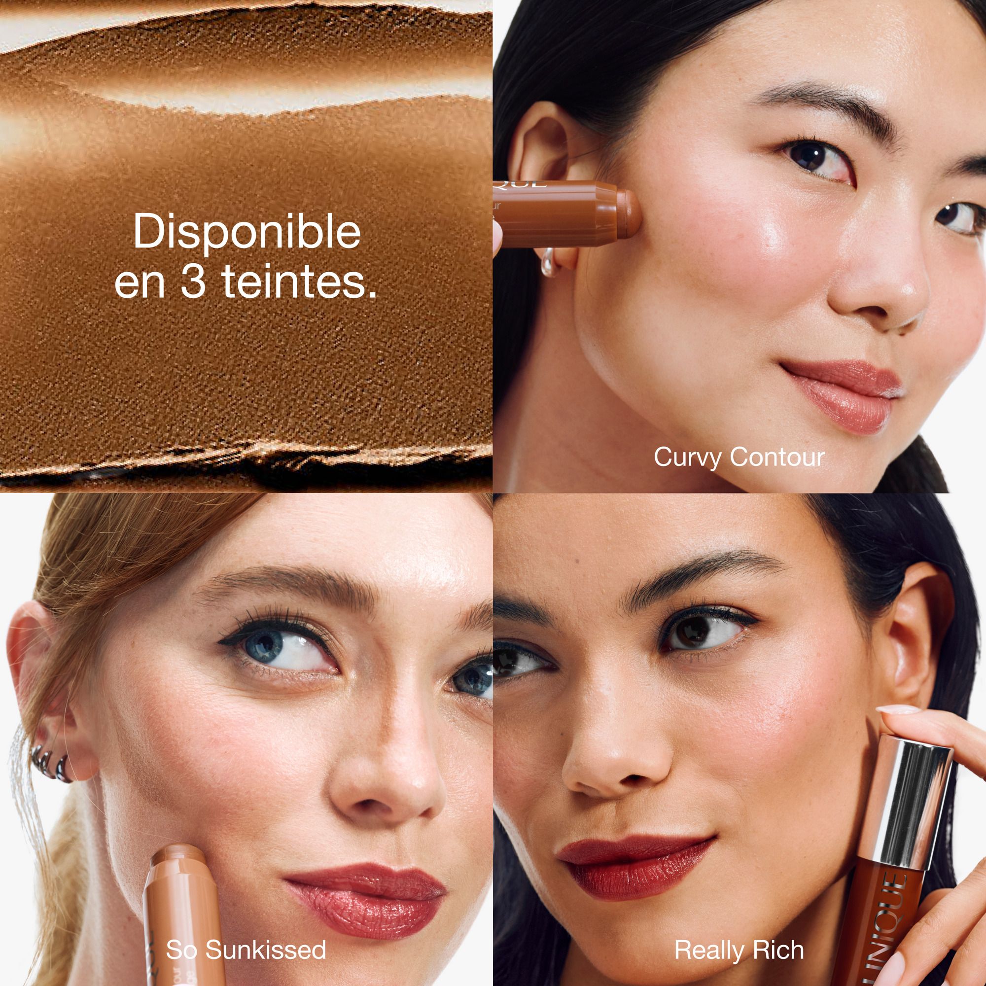 Vier Bilder. Farbton-Swatches und Gesichter mit Clinique Chubby Stick™ Contour.