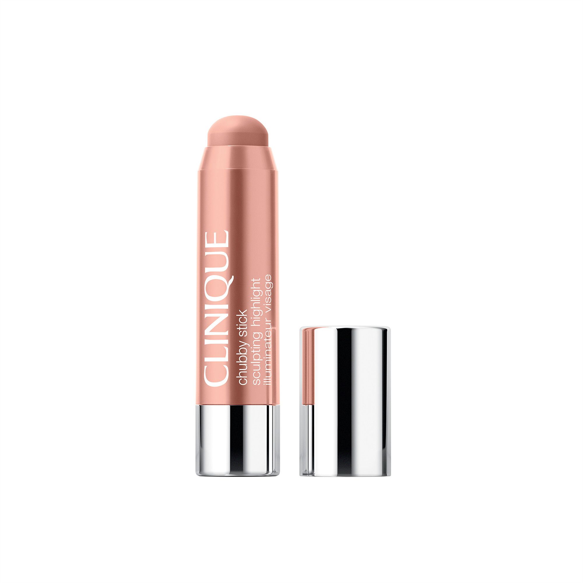 Clinique Chubby Stick Highlighter. Rosa-farbener Stift mit silberner Kappe. Produktname und Marke sind sichtbar.
