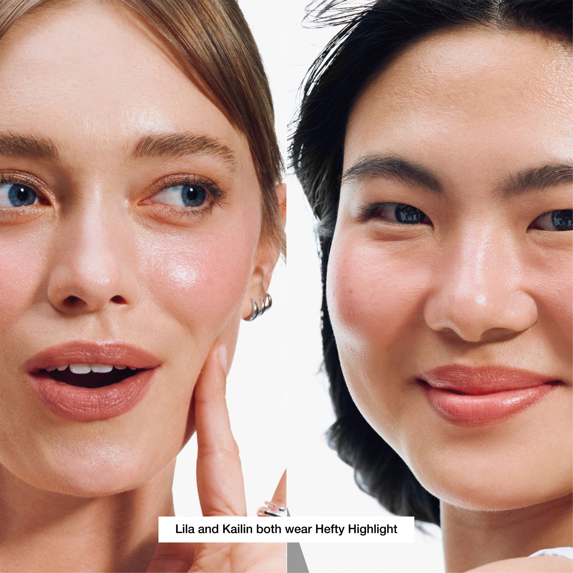 Zwei Frauen mit Highlighter. Lila und Kailin tragen Hefty Highlight. Auf hellem Hintergrund.