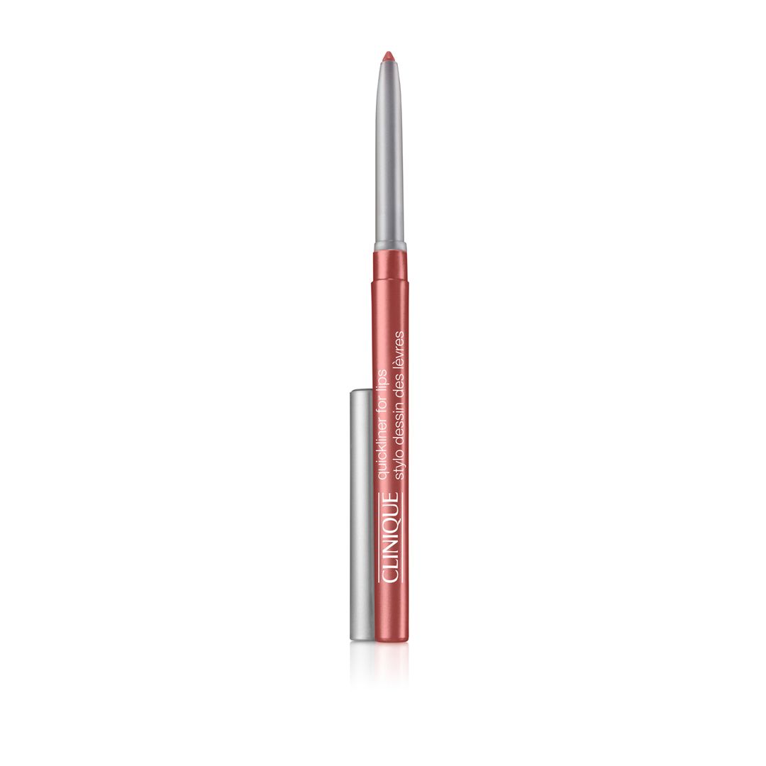 Clinique Quickliner™ For Lips, rosa. Stift mit silberfarbener Spitze und Kappe. Produktname und Marke sichtbar.