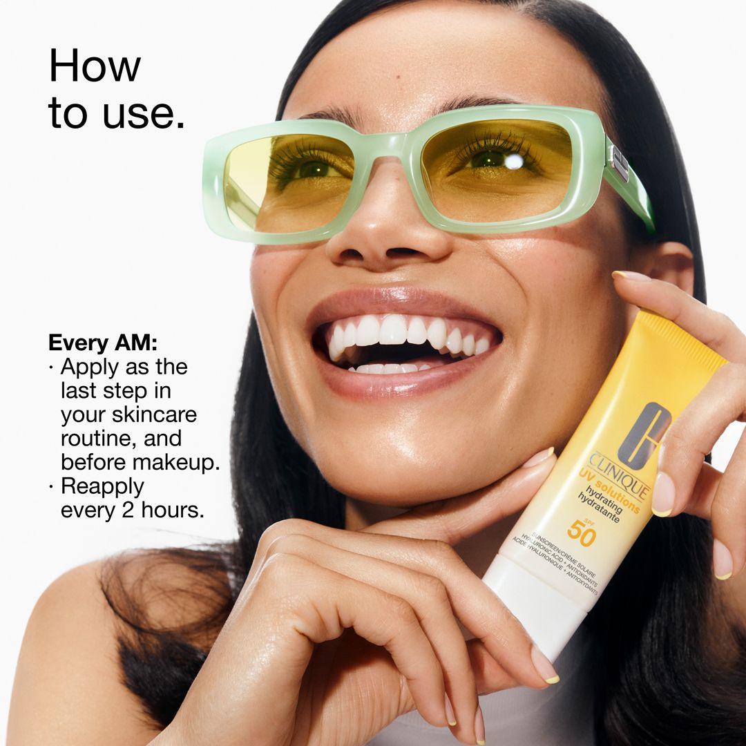 Frau mit Sonnenbrille hält eine Tube. Aufschrift: Clinique UV solutions hydrating hydratante SPF 50.