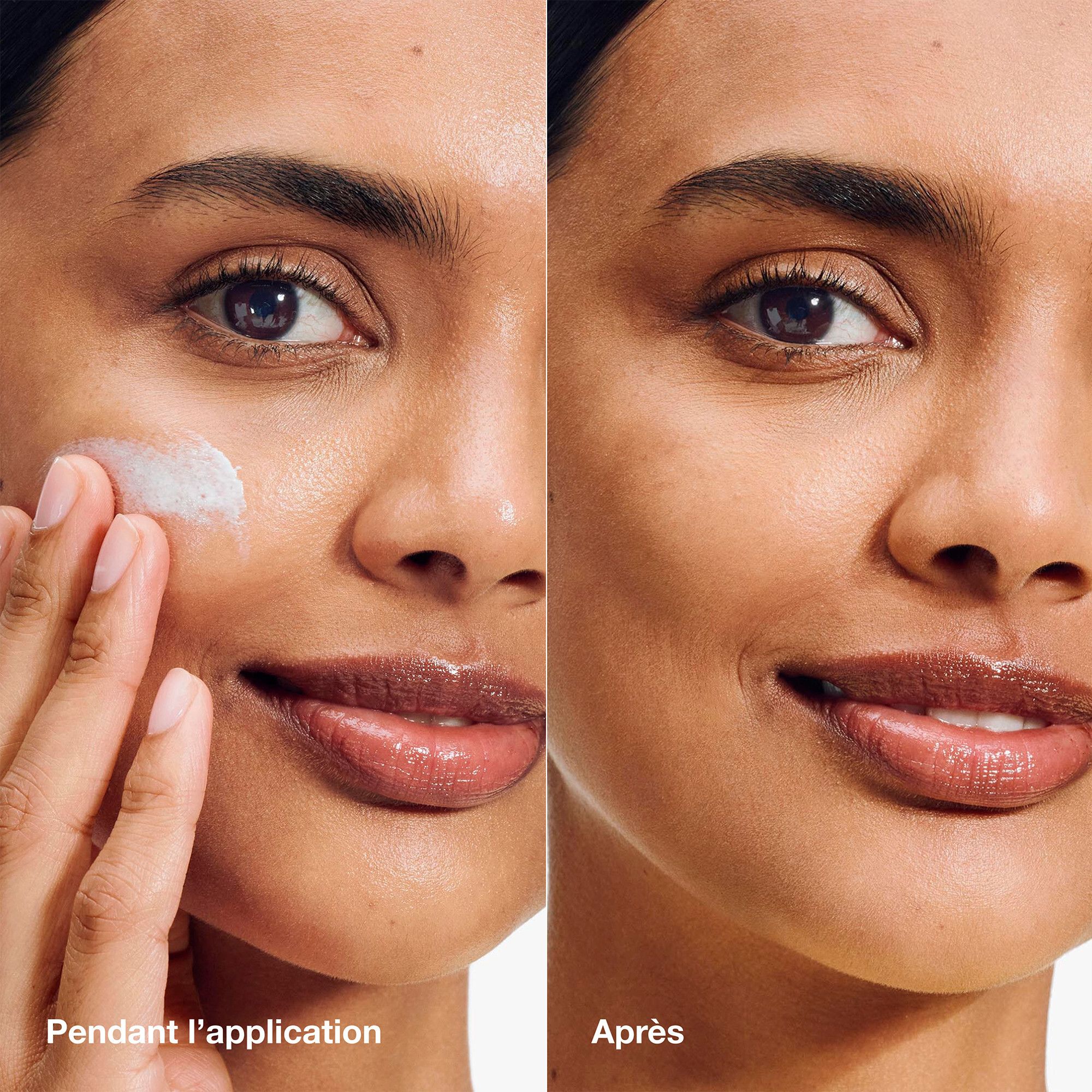 Gesicht einer Person, die Sonnencreme aufträgt. Vergleich Vorher/Nachher. Haut wirkt glatter.