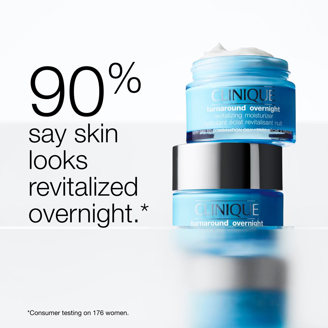 Drei Tiegel Clinique Turnaround Overnight. Text: 90% sagen, die Haut sieht über Nacht revitalisiert aus.