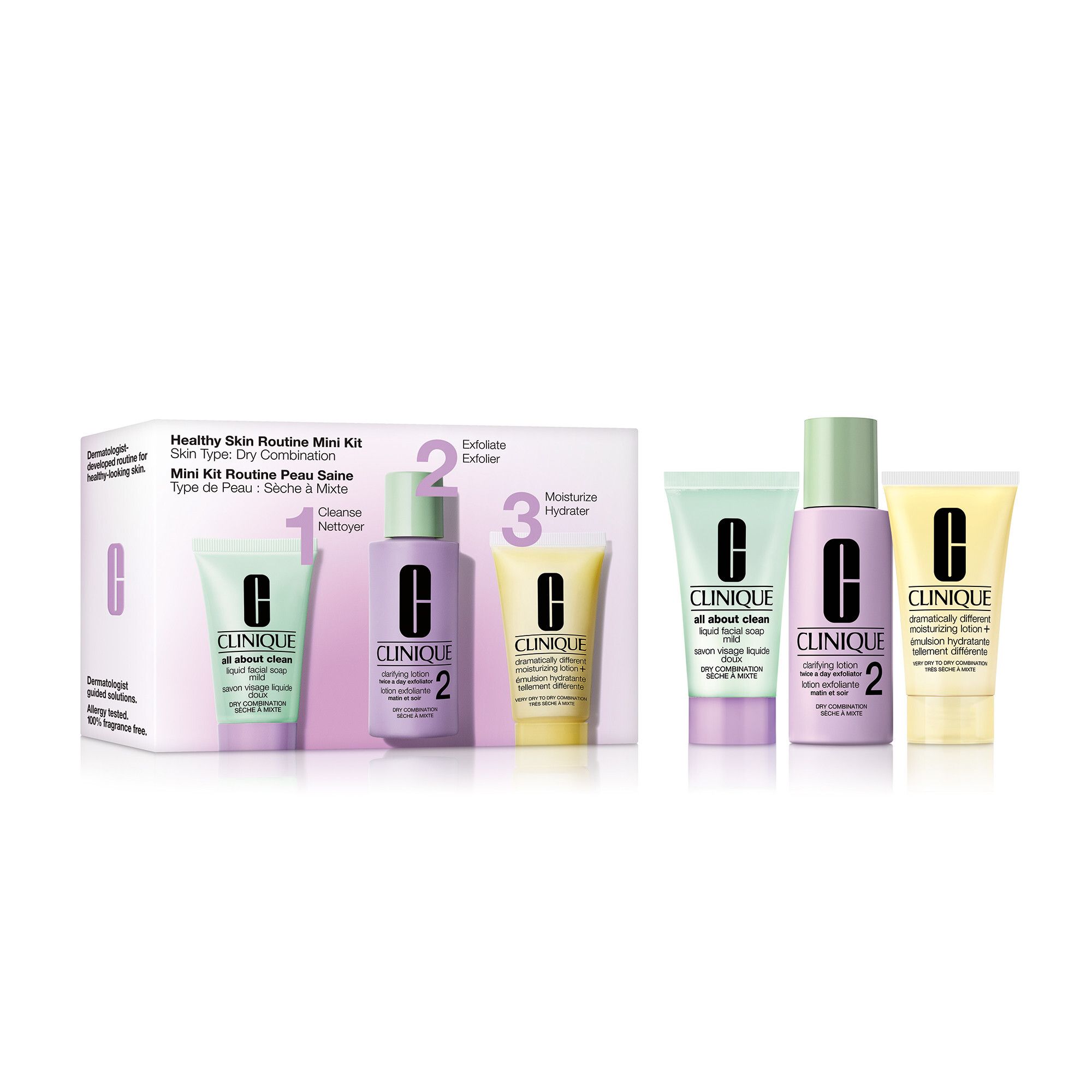 Gesundheits-Routine Mini-Kit. Enthält Reinigung, Peeling und Feuchtigkeitspflege. Für trockene bis Mischhaut. Produkte in Tuben und Flaschen.