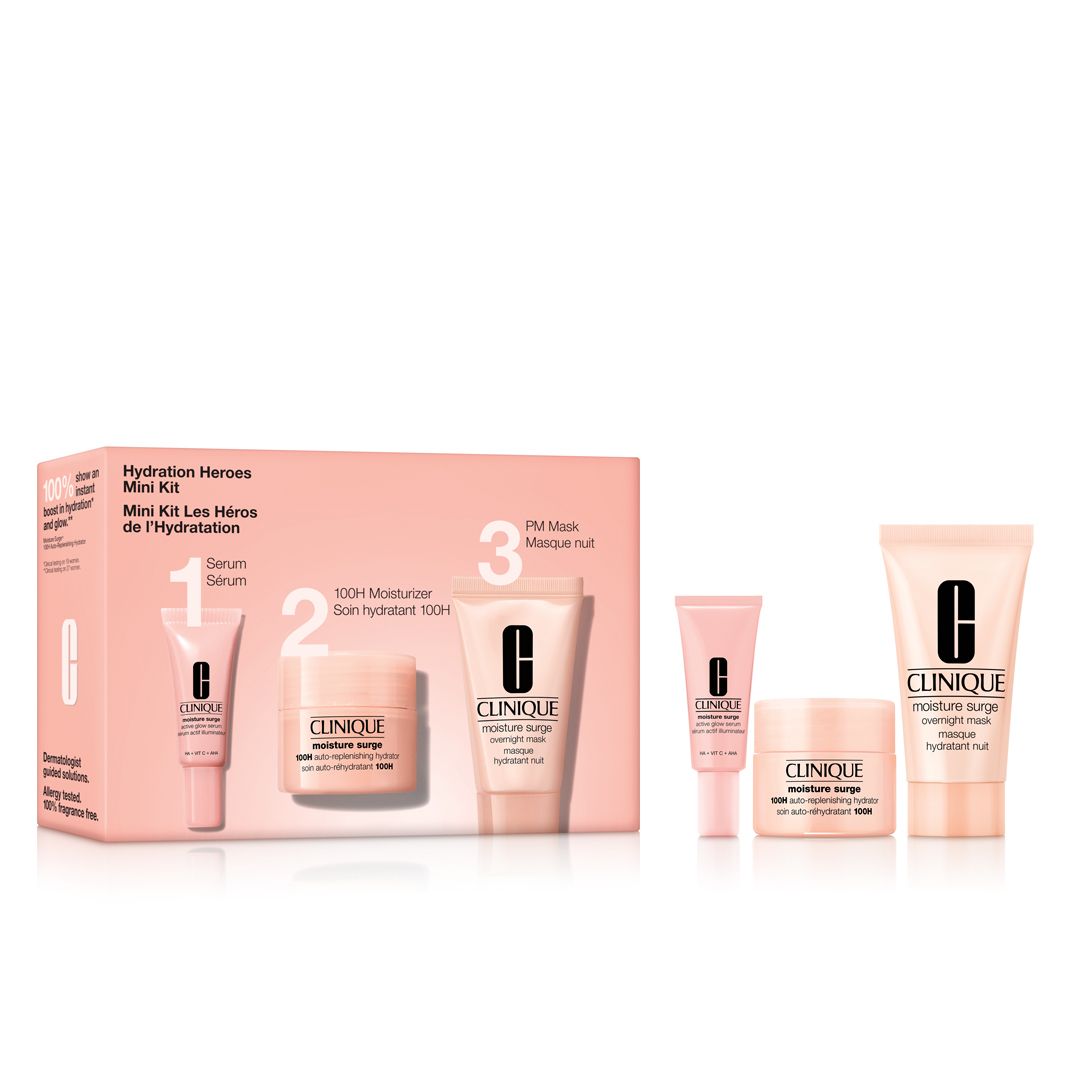 Clinique Mini Kit Les Héros de l'Hydratation. Enthält Serum, 100H Moisturizer und PM Maske. Rosa Verpackung.