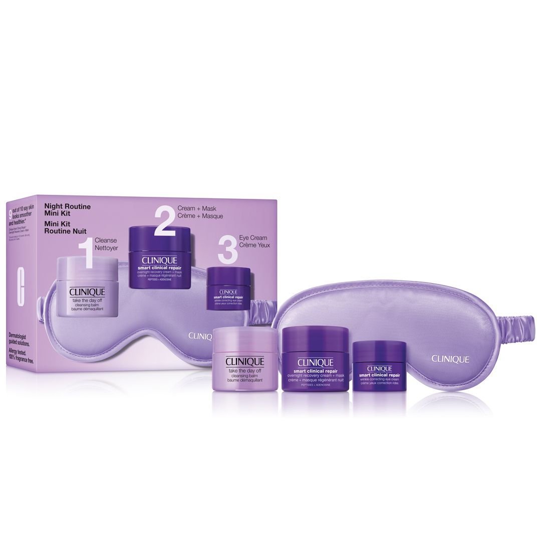 Clinique Overnight Kit 3st. Set mit drei Cremes und einer Schlafmaske. Lila Verpackung mit Produktnamen und Nummern.