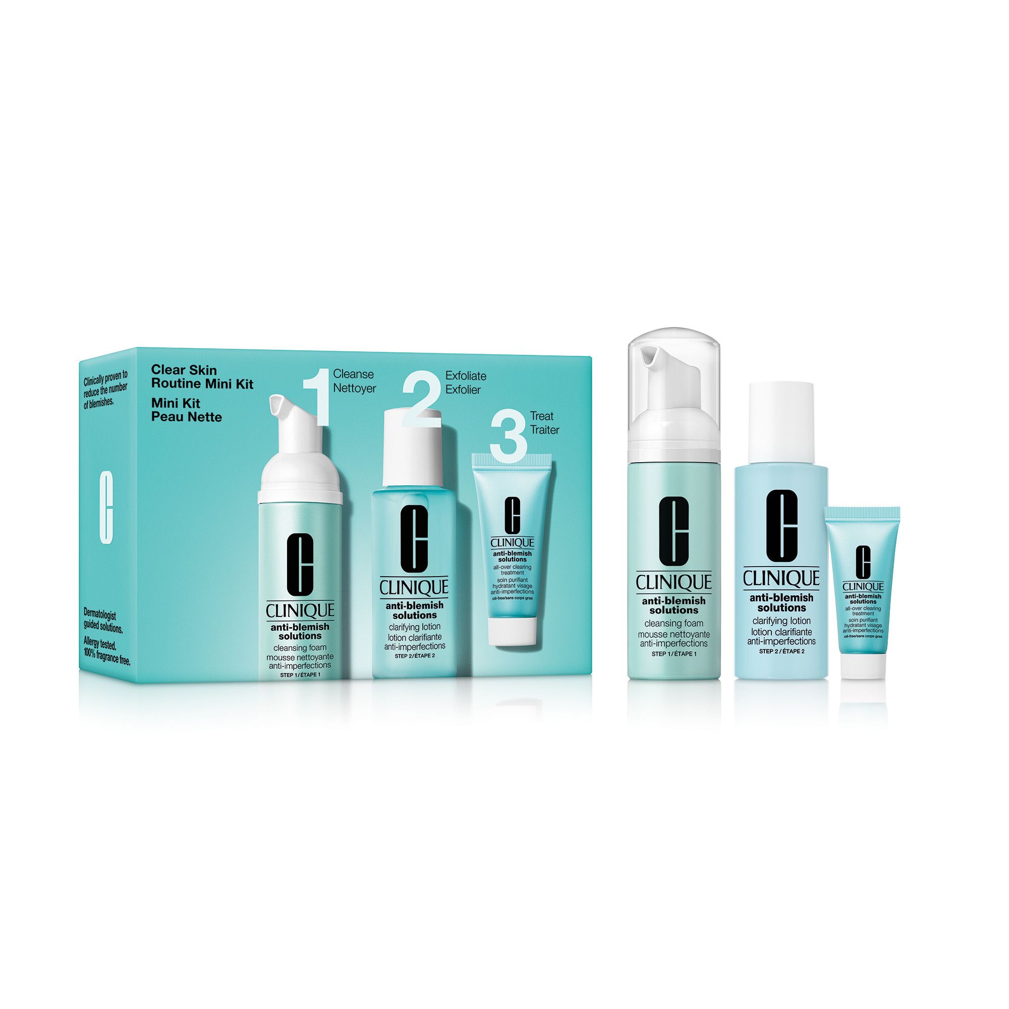 Clinique Mini Kit Peau Nette. Drei Produkte in hellblauer Verpackung. Enthält Reinigungsschaum, Lotion und Creme.