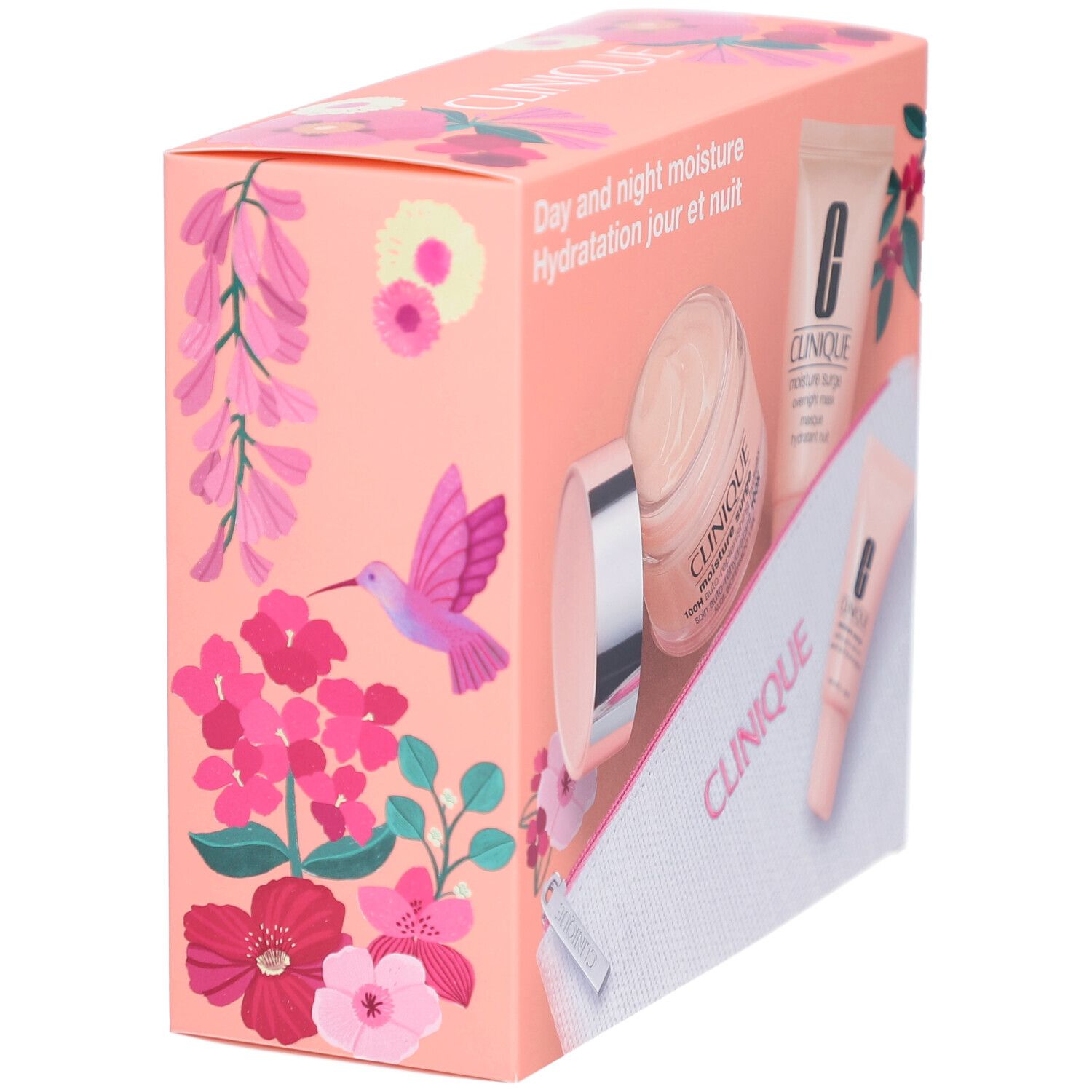 Geschenkbox mit Clinique-Produkten. Rosa Verpackung mit Blumen und einem Vogel. Produkte teilweise sichtbar.