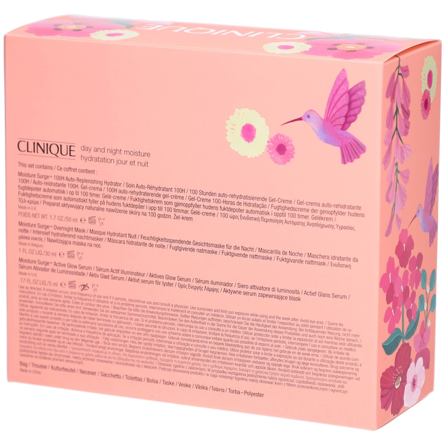 Rückseite der Geschenkbox mit Produktinformationen. Rosa Hintergrund mit Blumen und Vogel.