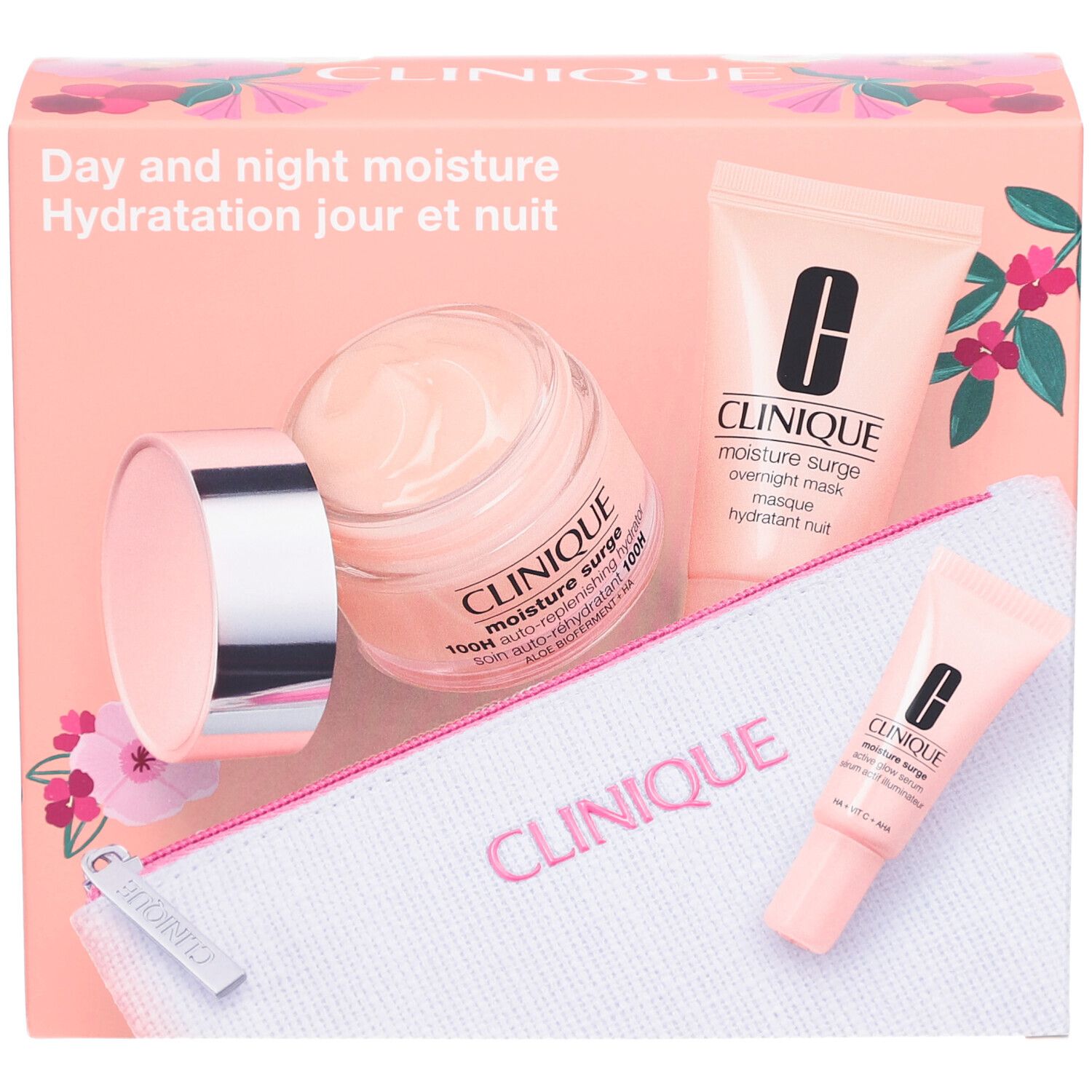 Geschenkset mit Clinique-Produkten. Enthält Tiegel, Tuben und eine Kosmetiktasche. Rosa und weiß.
