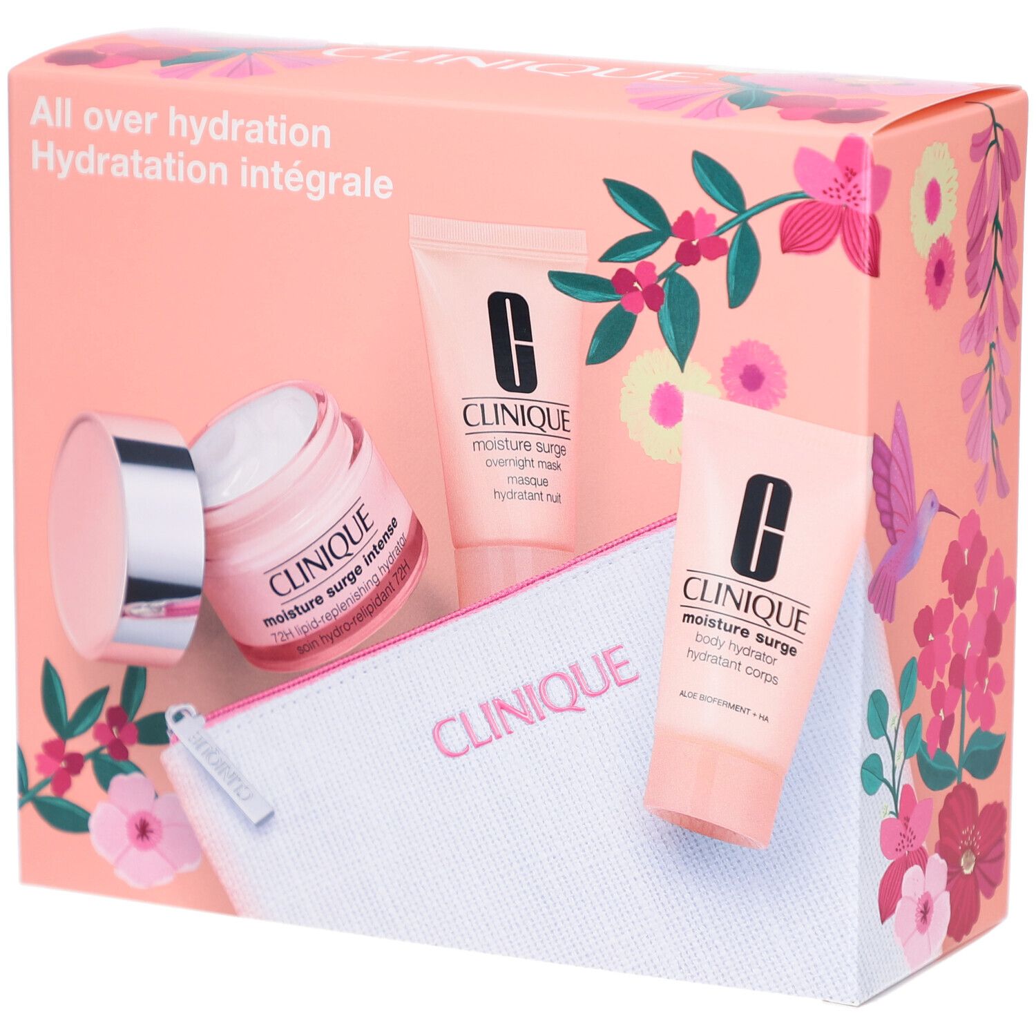 Geschenkset mit rosa Produkten. Enthält Creme, zwei Tuben, eine Kosmetiktasche. Aufschrift: Clinique, Moisture Surge.