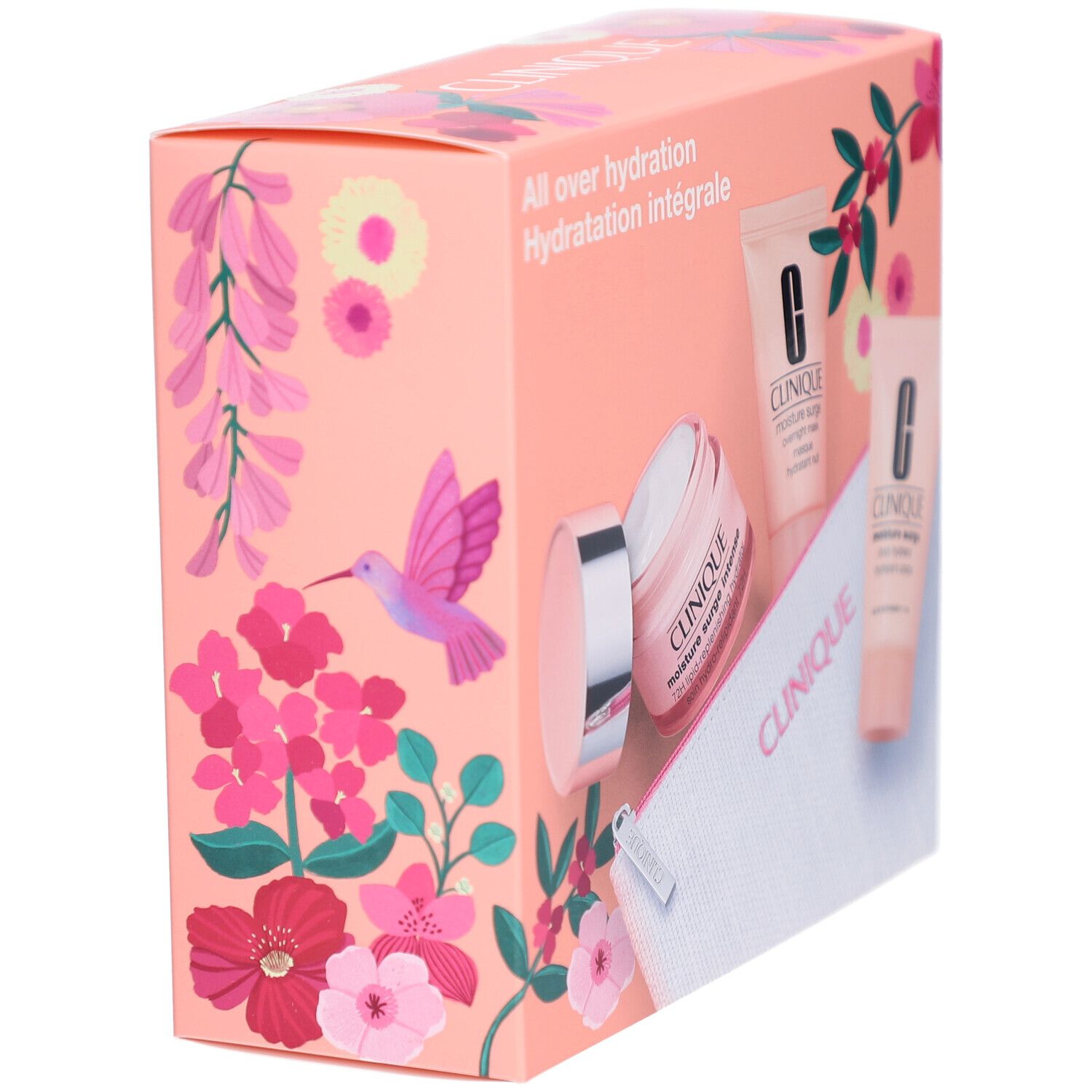 Rosa Geschenkbox mit floralem Muster. Enthält Produkte. Aufschrift: Clinique, Moisture Surge, Hydratation intégrale.