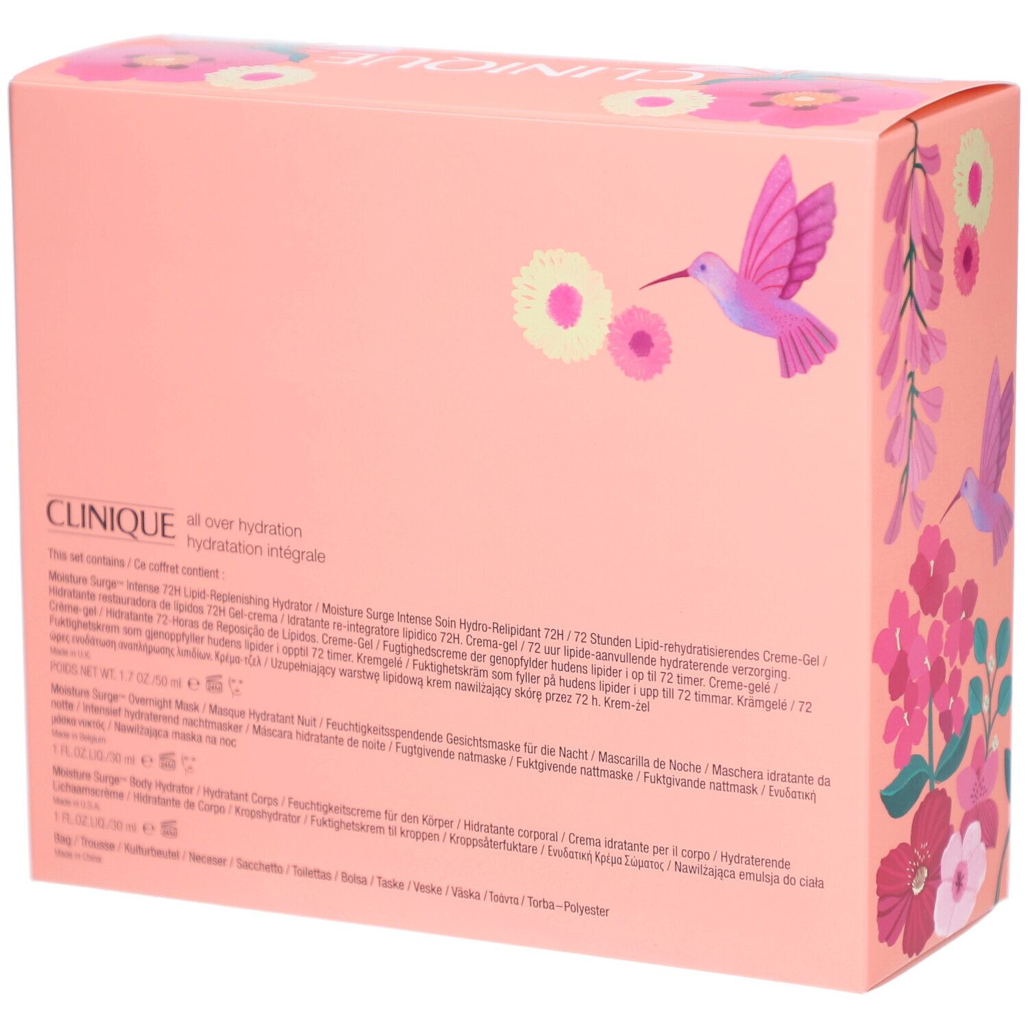 Rückseite der rosa Geschenkbox. Text: Clinique, Moisture Surge, Hydratation intégrale. Produktbeschreibungen in mehreren Sprachen.