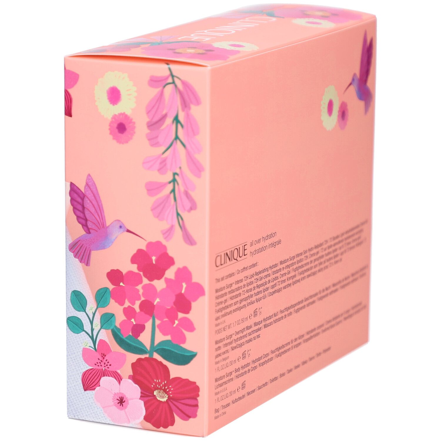 Rosa Geschenkbox mit floralem Muster. Text: Clinique, Moisture Surge, Hydratation intégrale. Produktbeschreibungen.