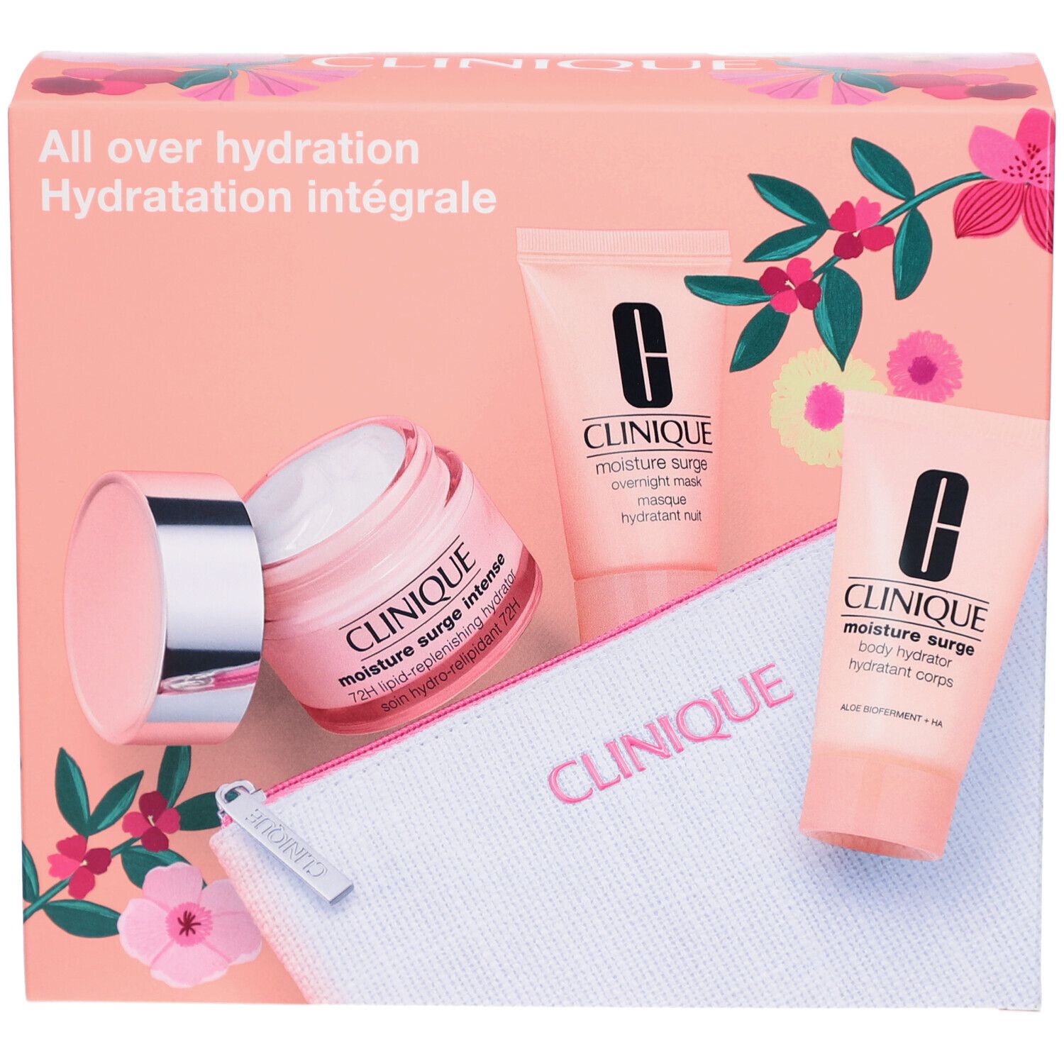 Geschenkset mit rosa Produkten. Enthält Creme, zwei Tuben, eine Kosmetiktasche. Aufschrift: Clinique, Moisture Surge.