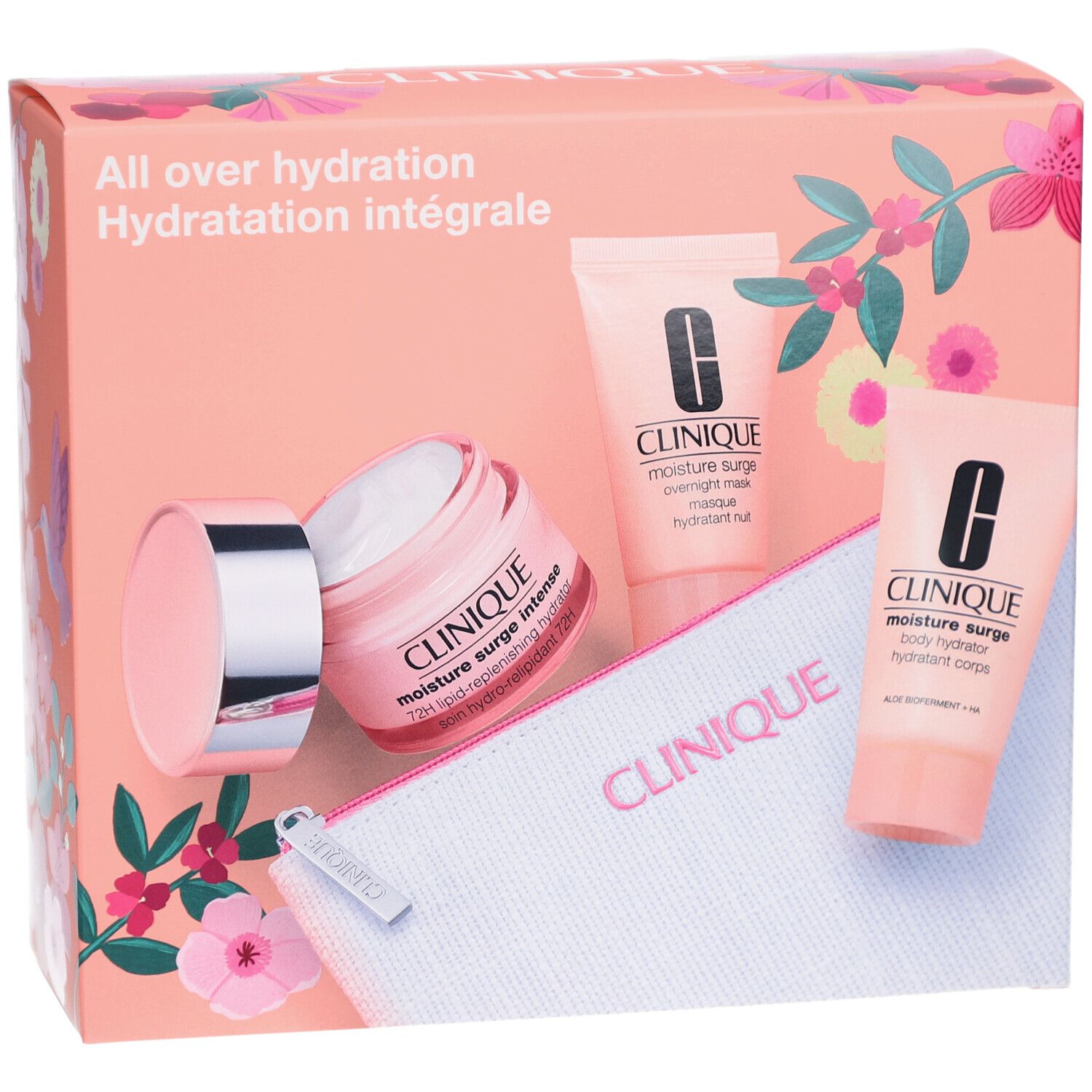 Geschenkset mit rosa Produkten. Enthält Creme, zwei Tuben, eine Kosmetiktasche. Aufschrift: Clinique, Moisture Surge.