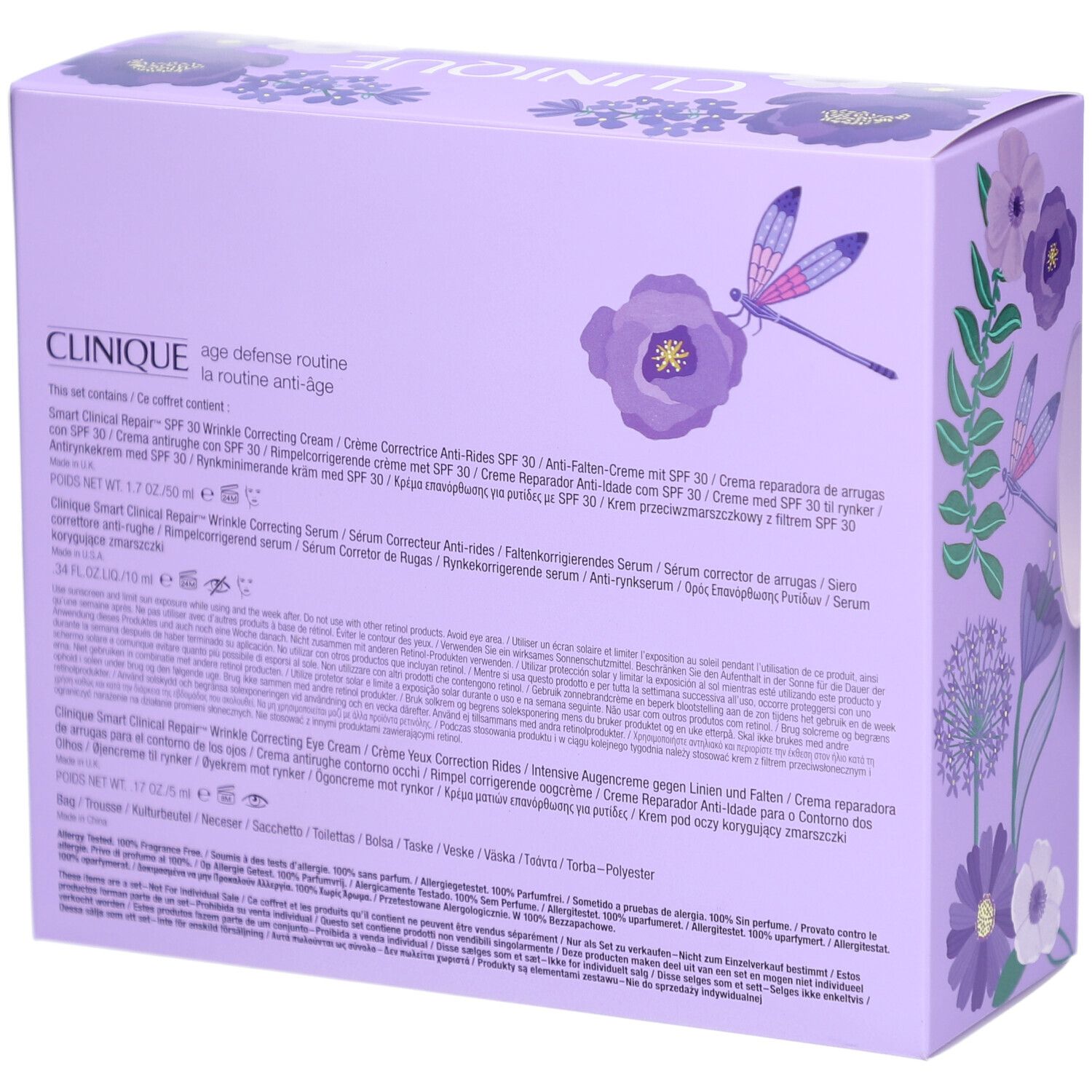 Rückseite der lila Geschenkbox. Text mit Produktnamen und Inhaltsstoffen. Marke Clinique.