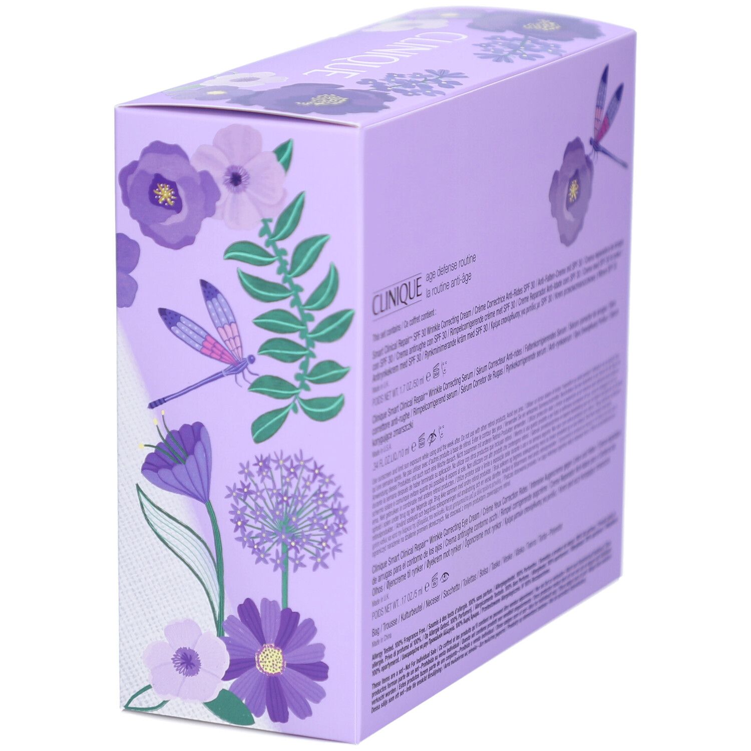 Lila Geschenkbox mit Produktnamen und Inhaltsstoffen. Winkelansicht. Marke Clinique.