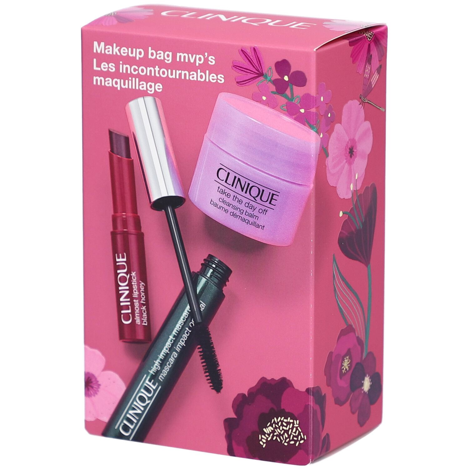 Rosa Geschenkbox mit Clinique-Produkten. Enthält Mascara, Lippenstift und Reinigungsbalsam. Text: Makeup bag mvp's, Les incontournables maquillage.