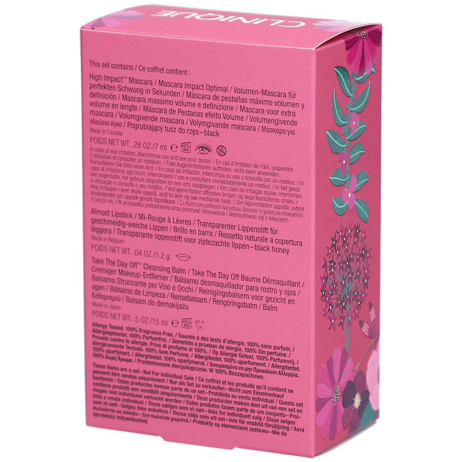 Rückseite der rosa Geschenkbox mit Clinique-Produkten. Text: High Impact Mascara, Almond Lipstick, Take The Day Off Cleansing Balm.