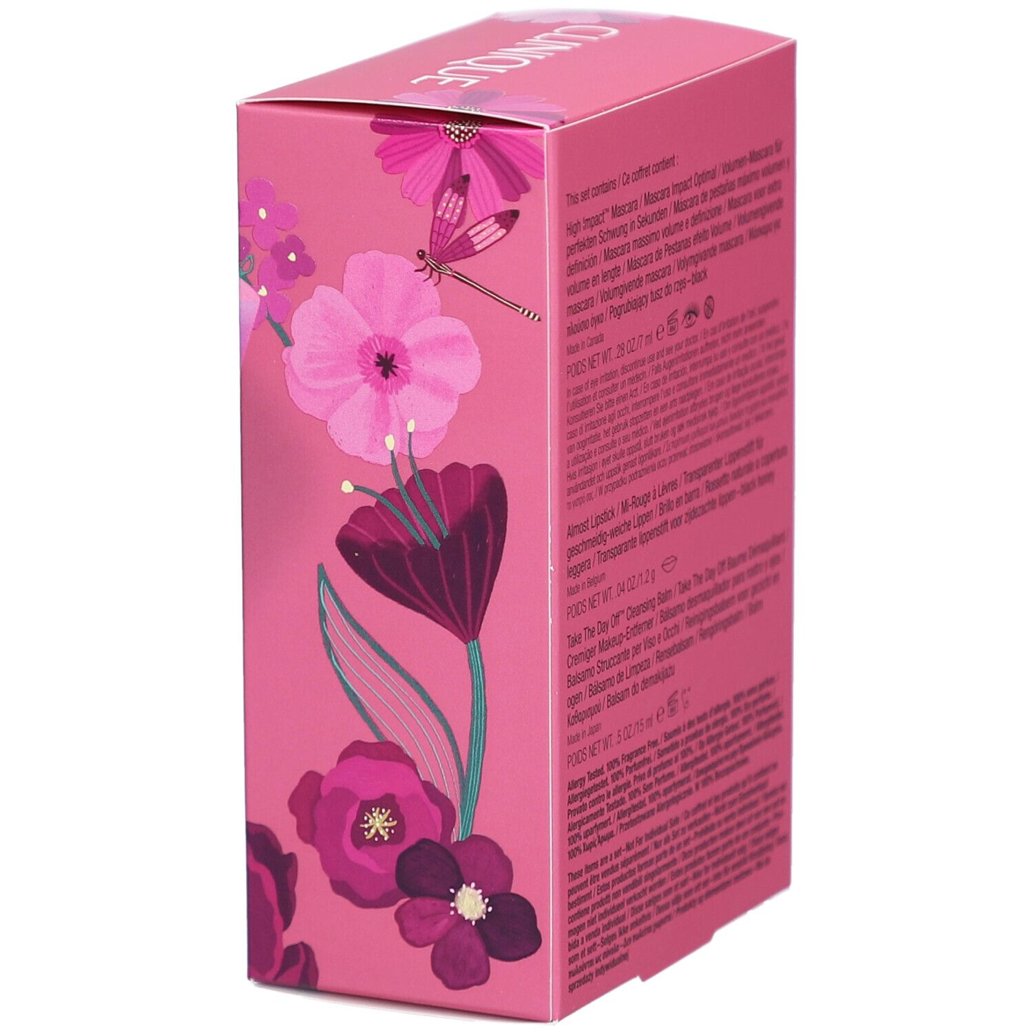 Seitenansicht der rosa Geschenkbox mit Clinique-Produkten. Text: High Impact Mascara, Almond Lipstick, Take The Day Off Cleansing Balm.