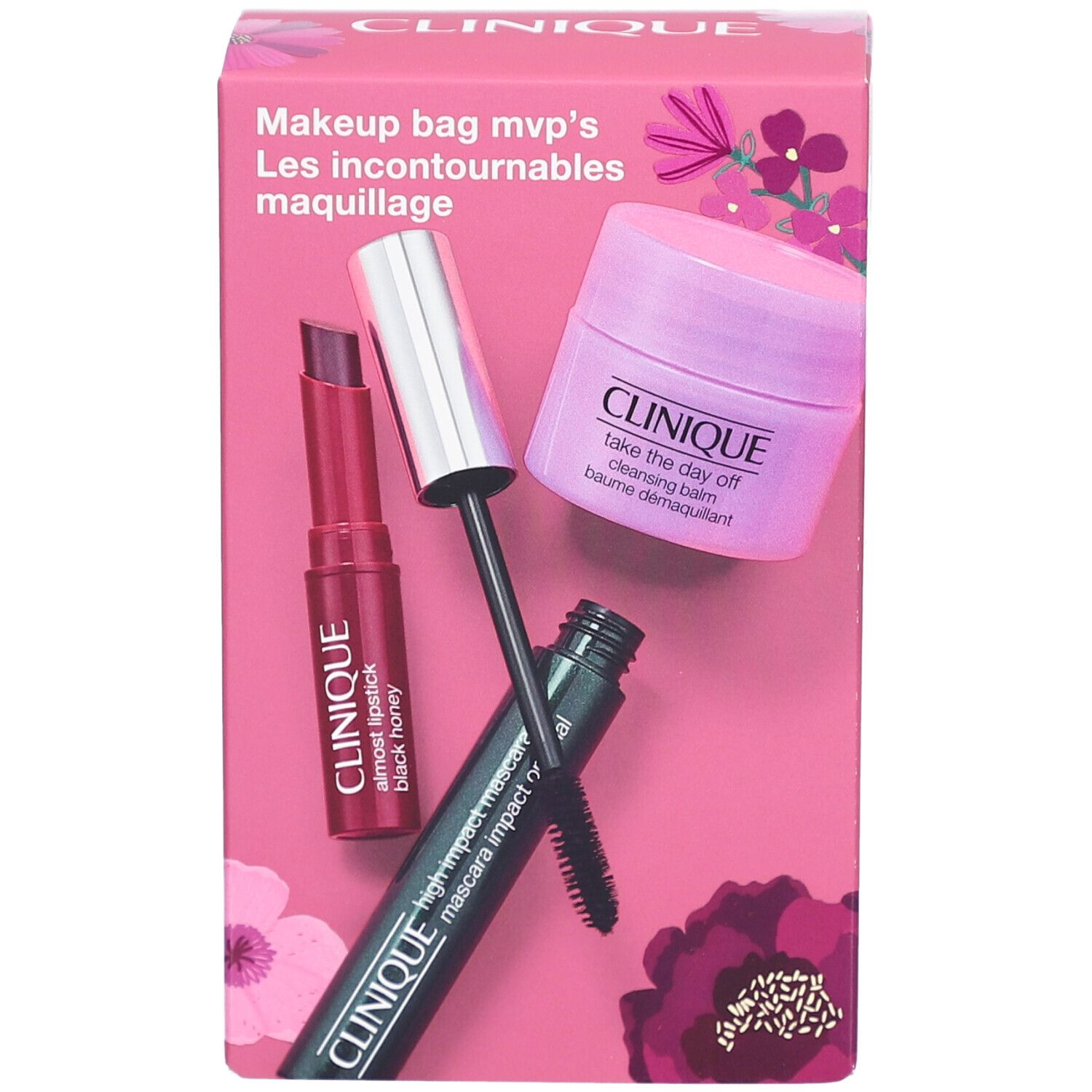 Rosa Geschenkbox mit Clinique-Produkten. Enthält Mascara, Lippenstift und Reinigungsbalsam. Text: Makeup bag mvp's, Les incontournables maquillage.