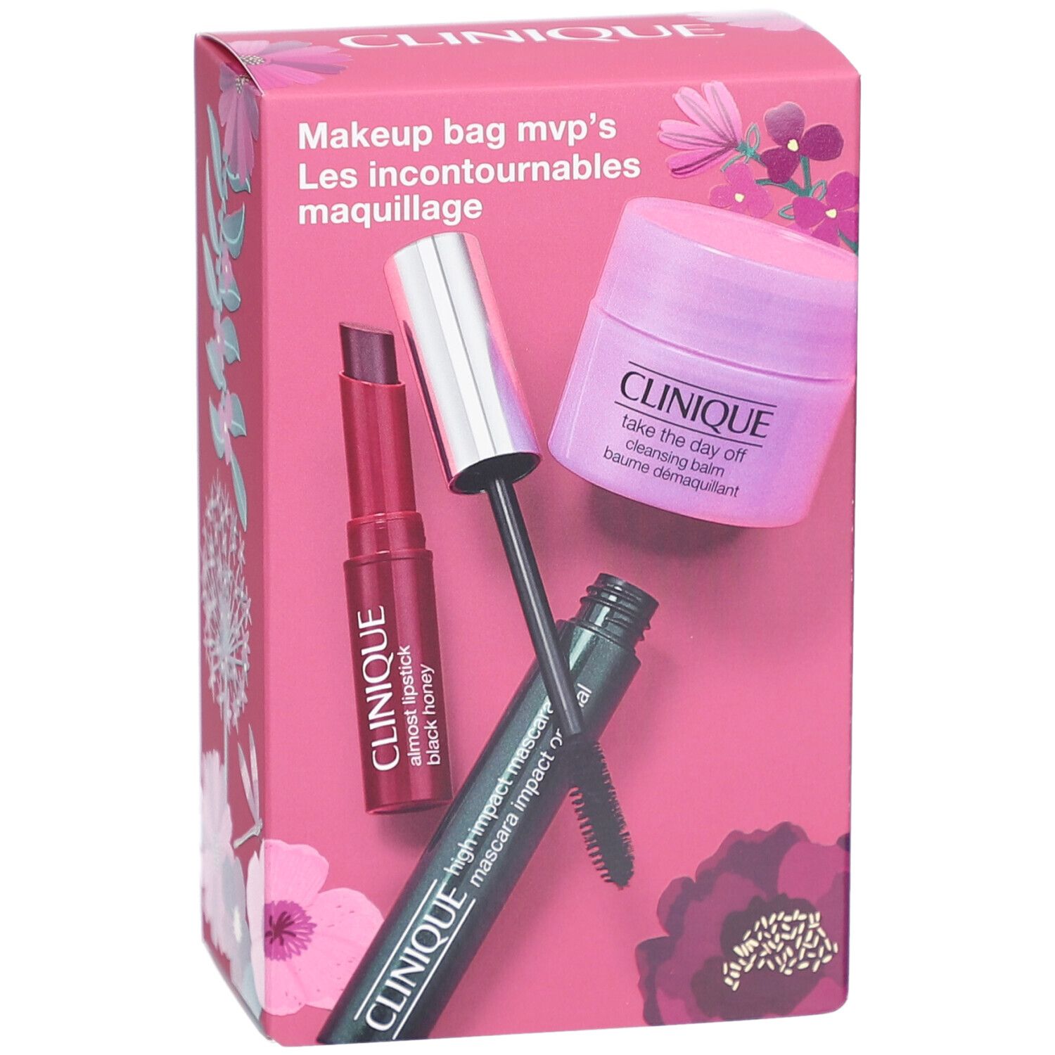 Rosa Geschenkbox mit Clinique-Produkten. Enthält Mascara, Lippenstift und Reinigungsbalsam. Text: Makeup bag mvp's, Les incontournables maquillage.