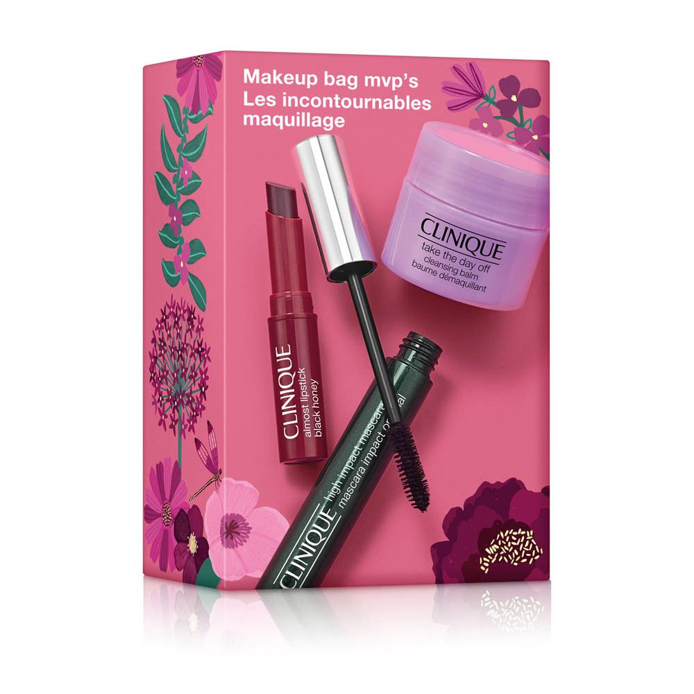 Clinique Kosmetik-Set mit Lippenstift, Mascara und Reinigungsbalsam in einer rosa Geschenkbox mit Blumenmuster.