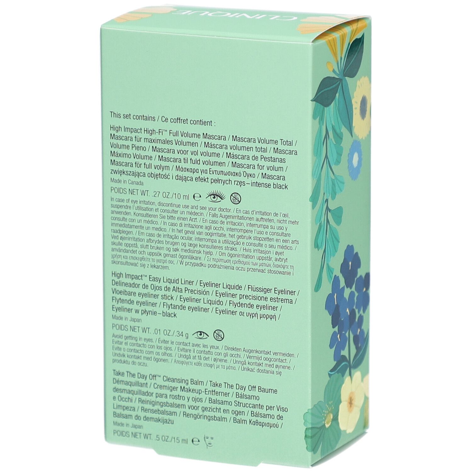 Rückseite der Geschenkbox mit Produktinformationen und Inhaltsstoffen. Text in mehreren Sprachen.