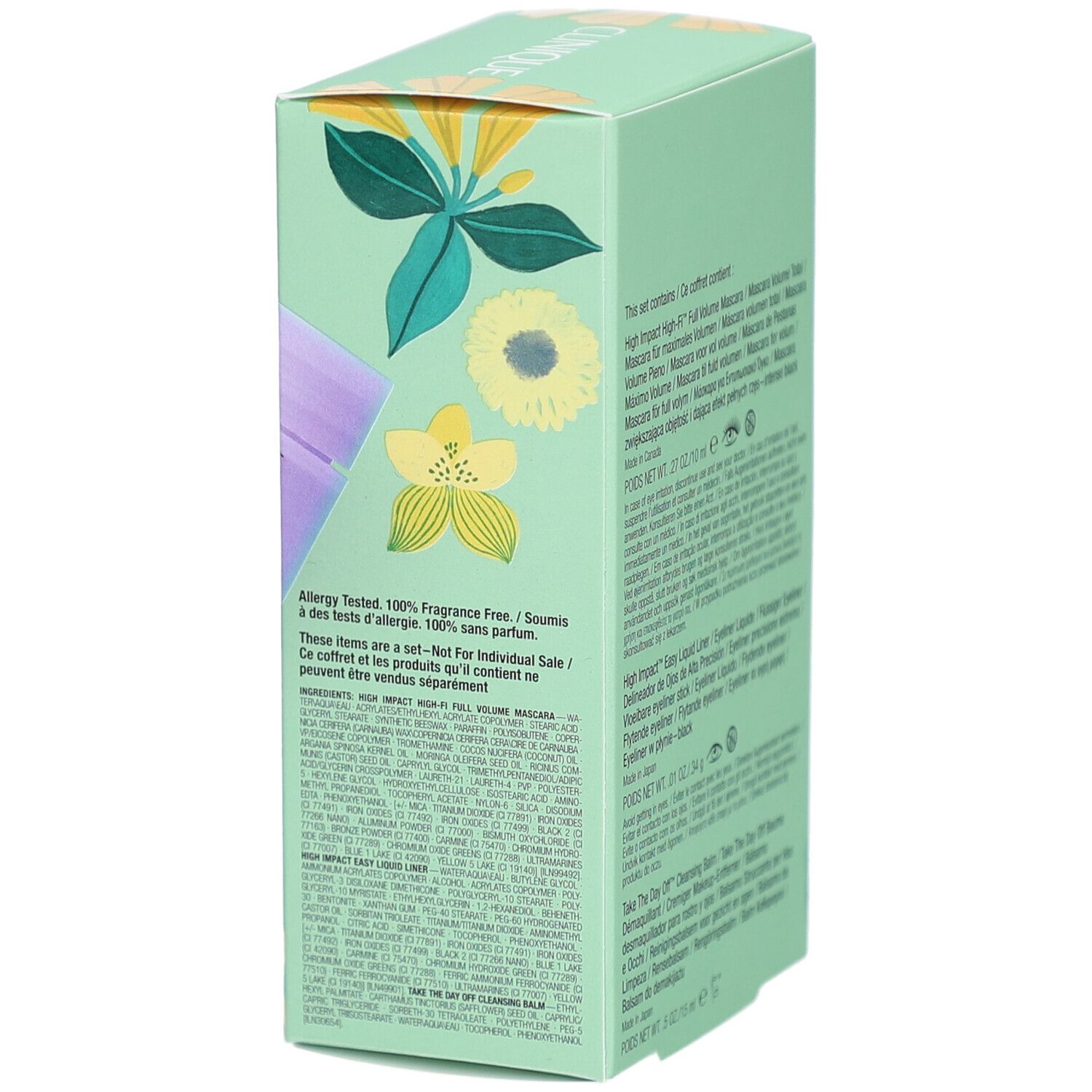 Rückseite der Geschenkbox mit Produktinformationen und Inhaltsstoffen. Text in mehreren Sprachen.