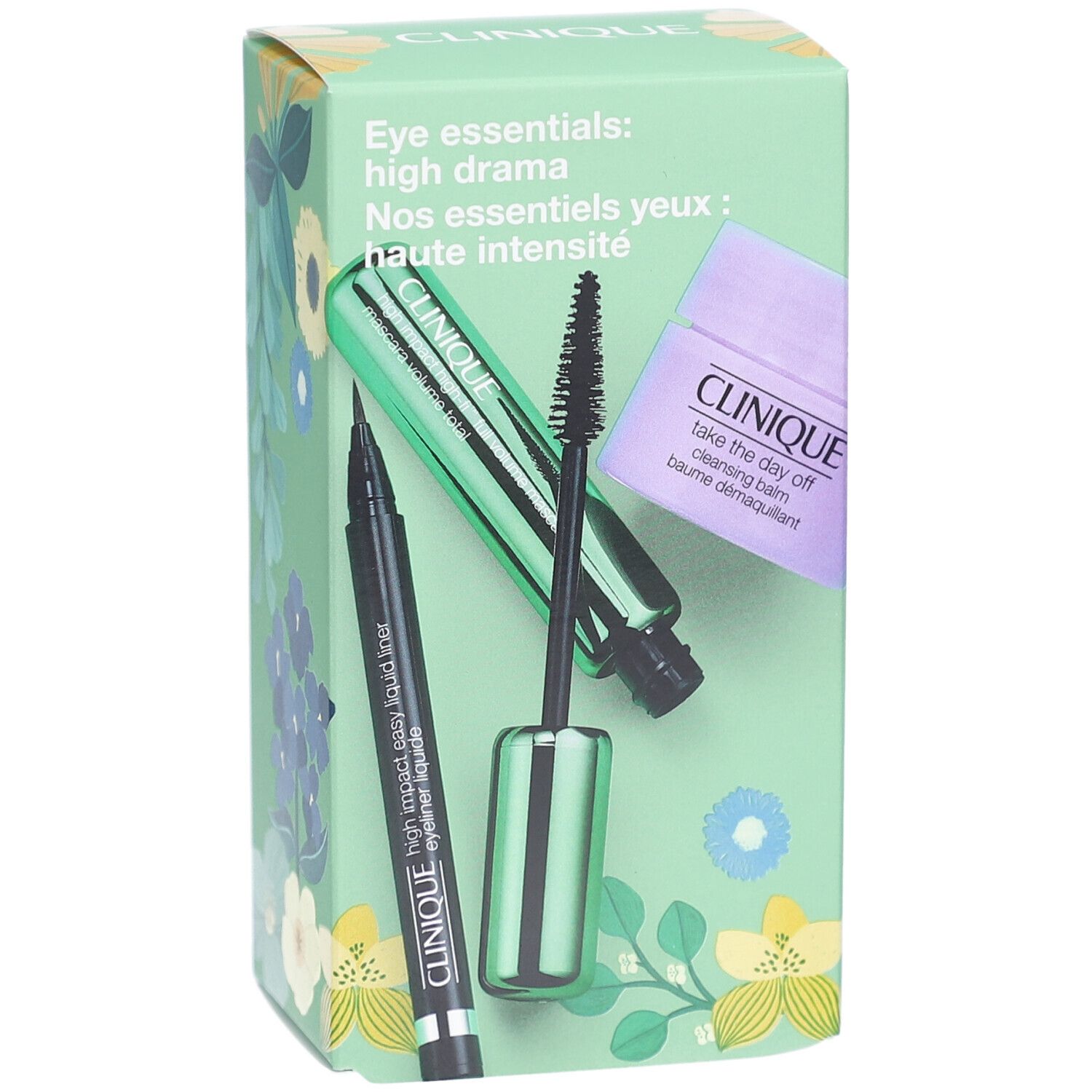 Geschenkset mit Eyeliner, Mascara und Augen-Make-up-Entferner. Verpackung mit floralem Muster und Produktnamen.