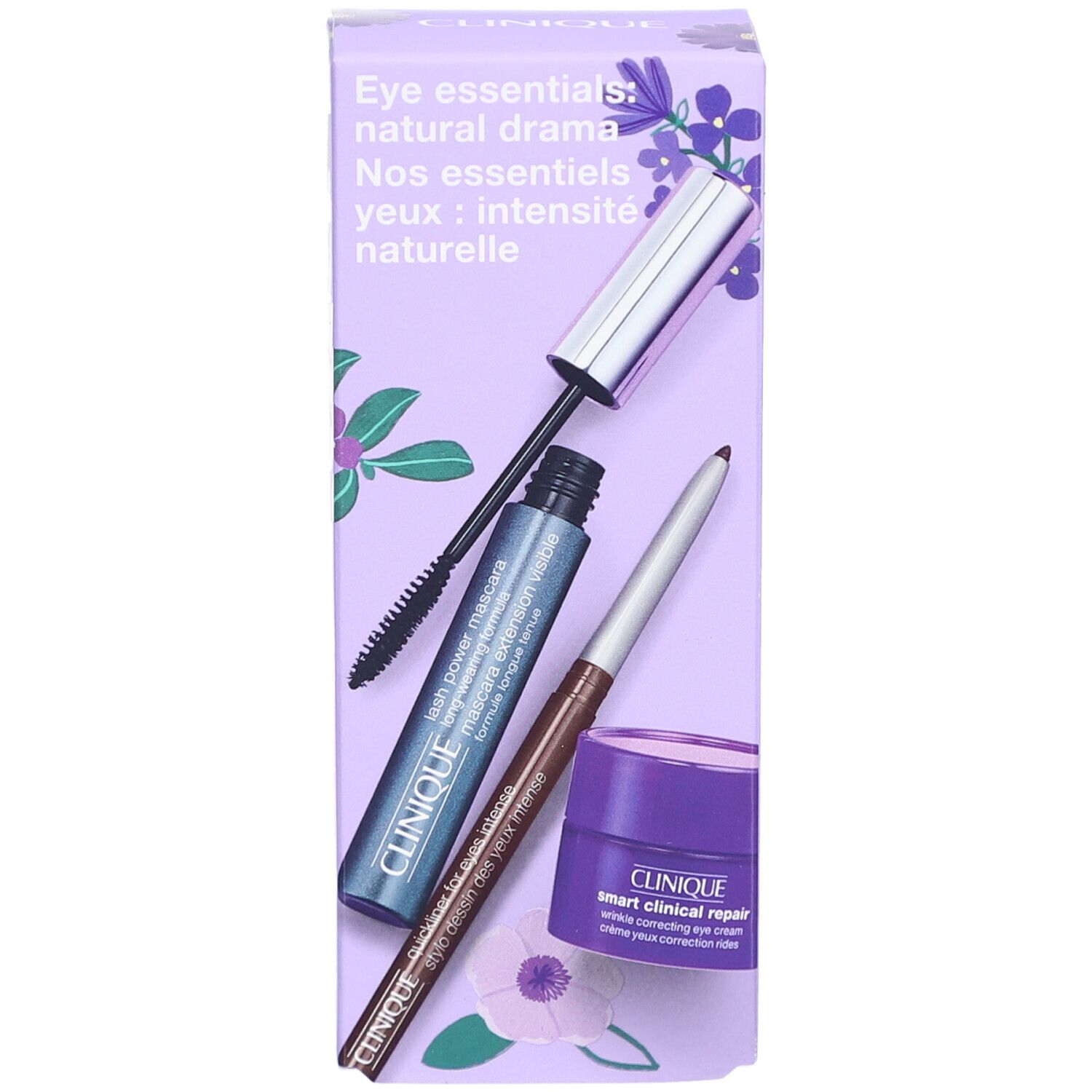 Lila Geschenkbox mit Mascara, Eyeliner und Augencreme. Aufschrift: Eye essentials: natural drama. Clinique-Logo sichtbar.