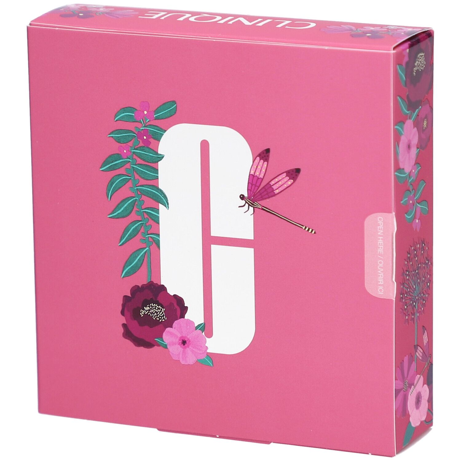 Rosa Geschenkbox mit floralem Design und dem Clinique-Logo. Auf der Seite steht "Clinique". Die Box ist quadratisch.