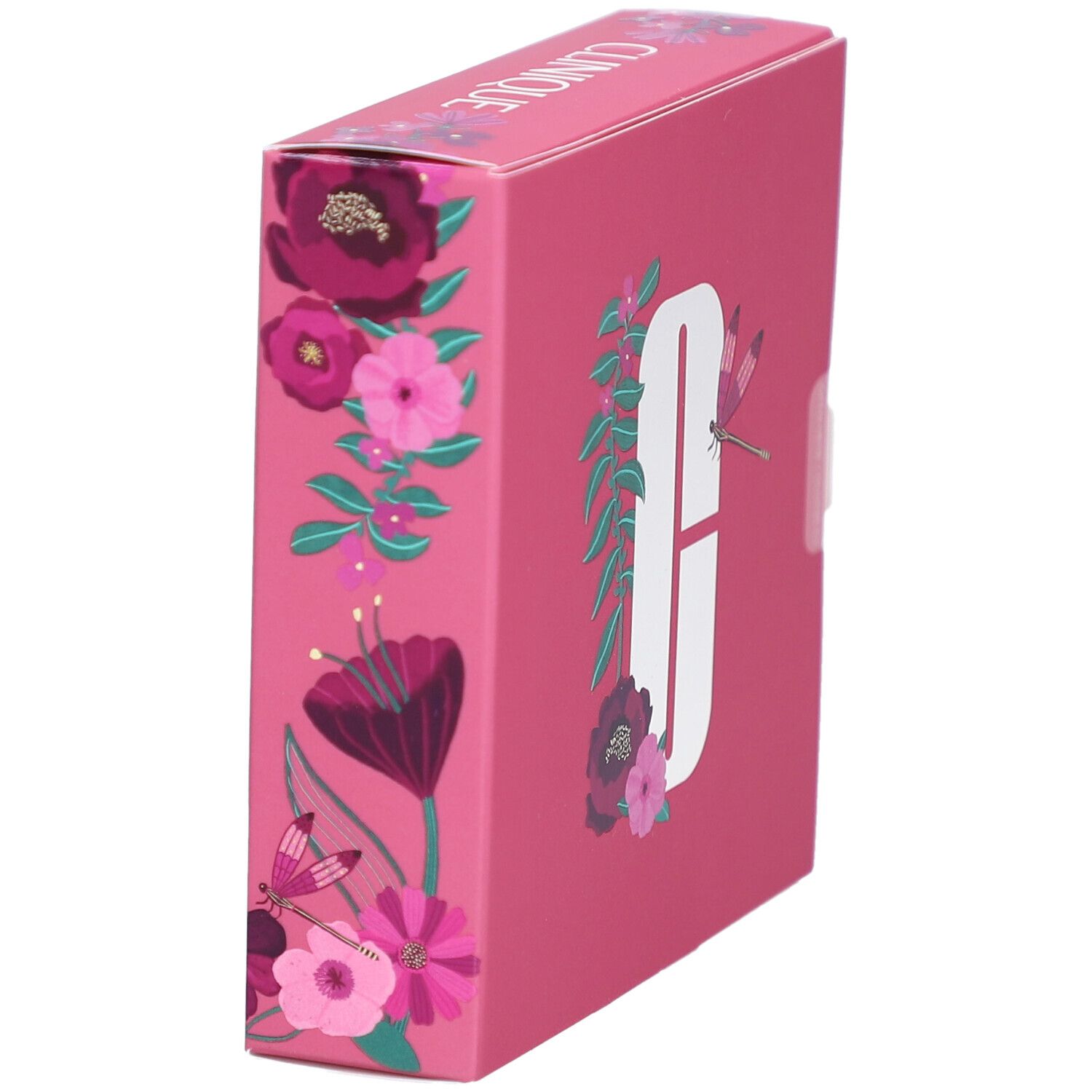 Rosa Geschenkbox mit floralem Design und dem Clinique-Logo. Auf der Seite steht "Clinique". Die Box ist rechteckig.