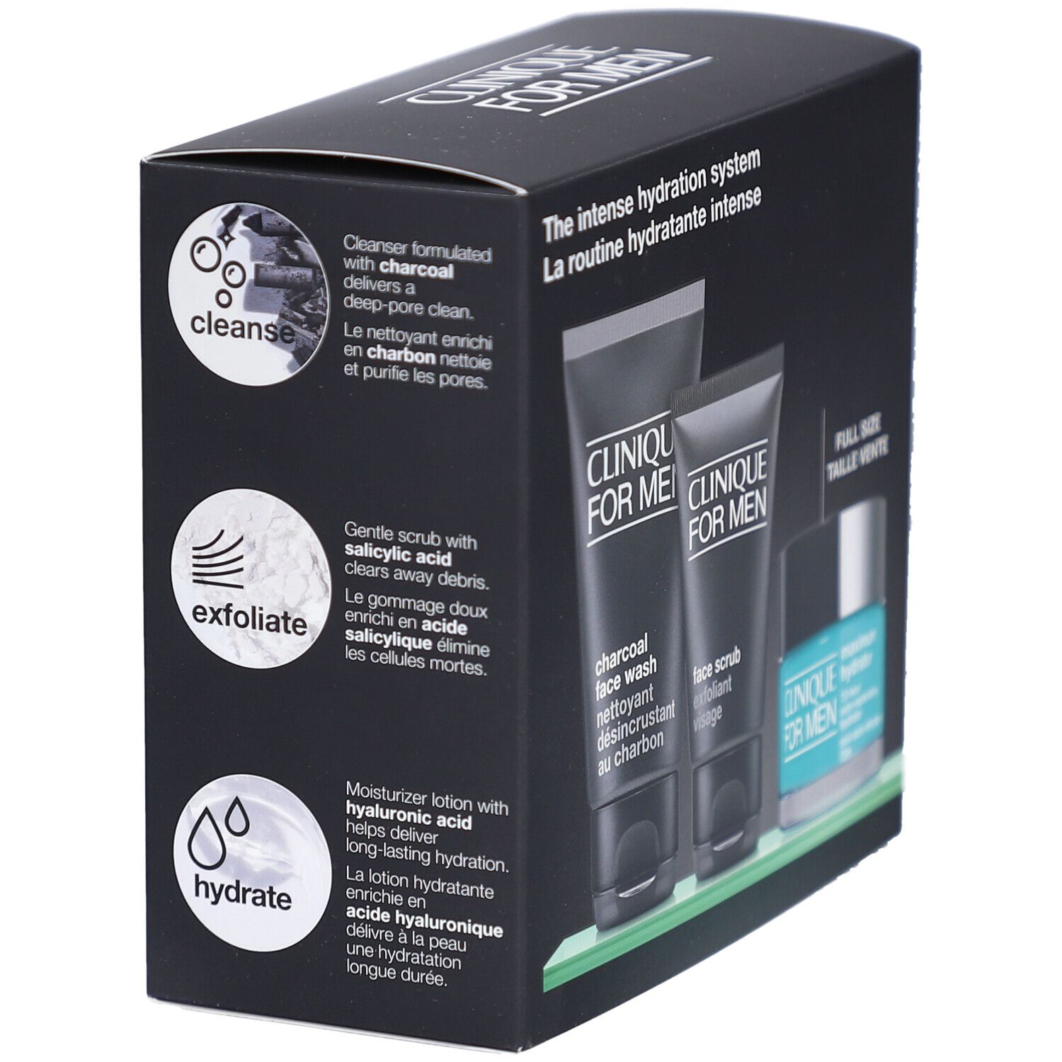 Schwarze Verpackung mit Produktabbildungen. Text beschreibt die Inhaltsstoffe und ihre Wirkung auf die Haut.