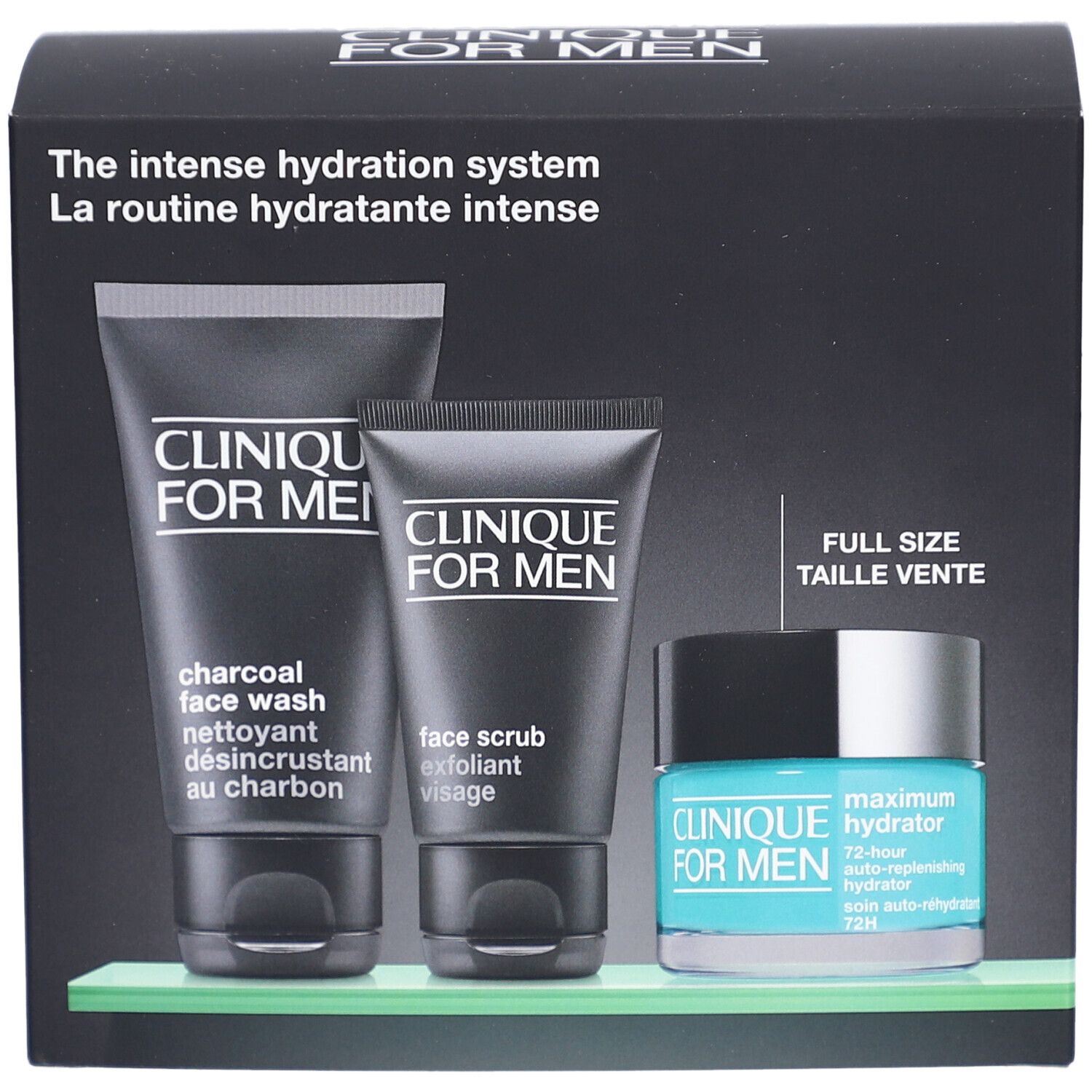 Geschenkset mit drei Produkten: Gesichtsreinigung, Peeling und Feuchtigkeitspflege. Schwarze Verpackung mit Produktnamen.