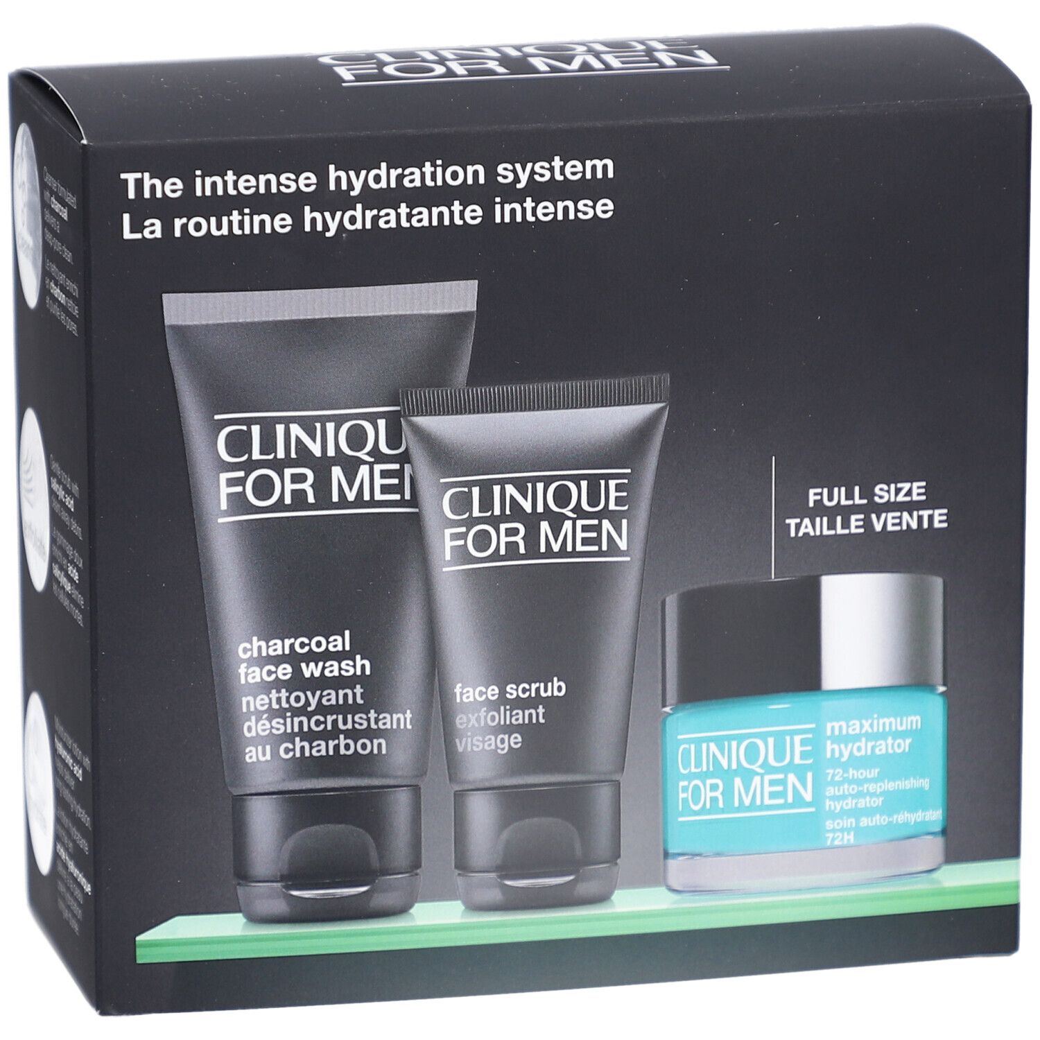 Geschenkset mit drei Produkten: Gesichtsreinigung, Peeling und Feuchtigkeitspflege. Schwarze Verpackung mit Produktnamen.