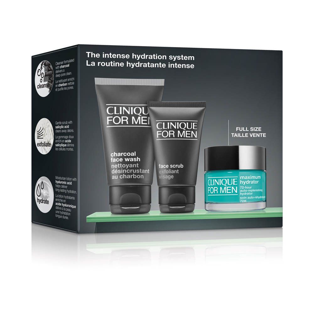 Clinique for Men Intense Hydration System Set mit Gesichtsreiniger, Peeling und Feuchtigkeitscreme.