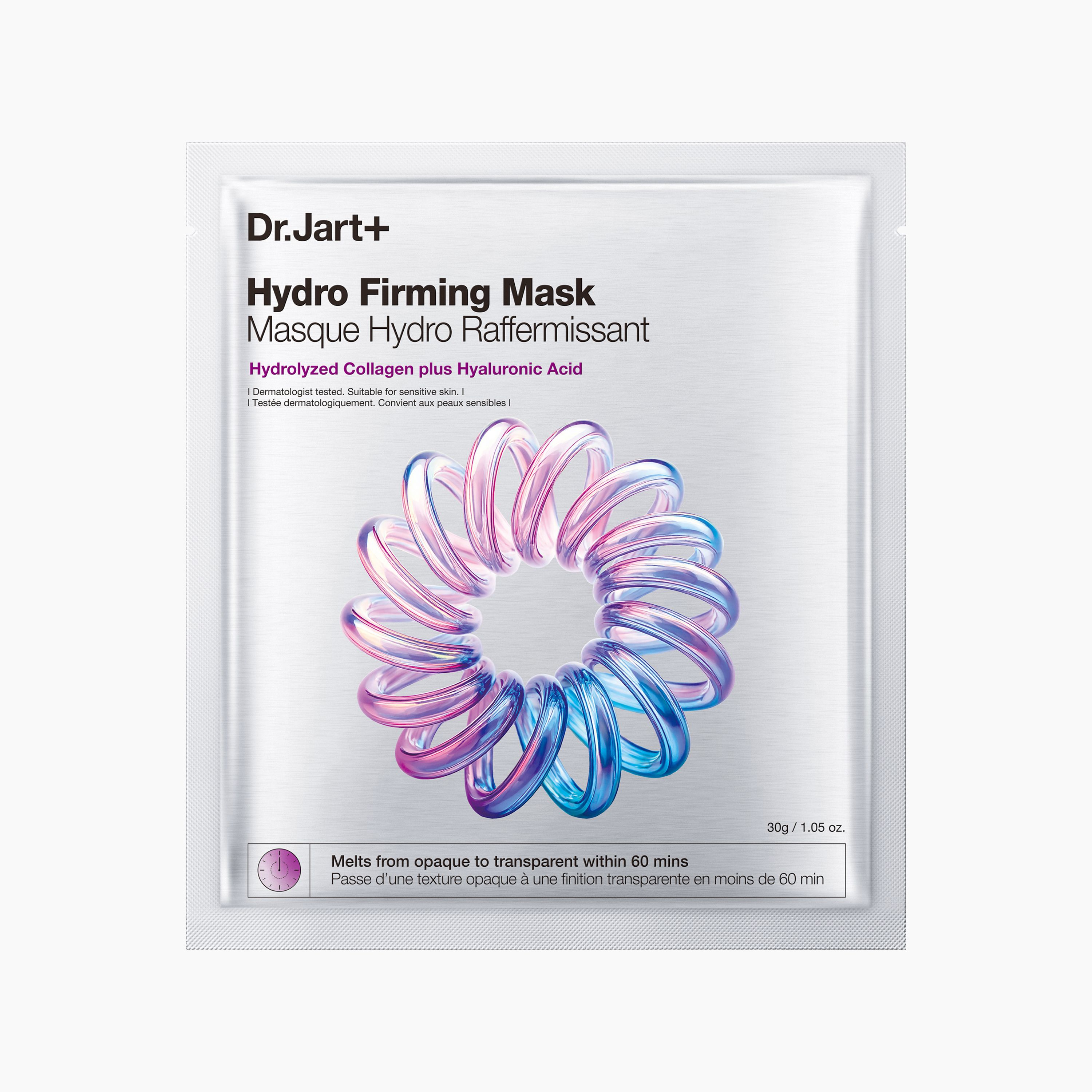 Dr.Jart+ Hydro Firming Mask. Weiße Verpackung mit blau-rosa Spirale. Text: Hydrolyzed Collagen plus Hyaluronic Acid.
