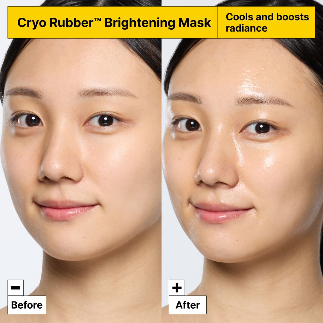 Vorher-Nachher-Vergleich. Gesicht einer Frau vor und nach der Anwendung von Dr.Jart+ Cryo Rubber™ Brightening Mask.