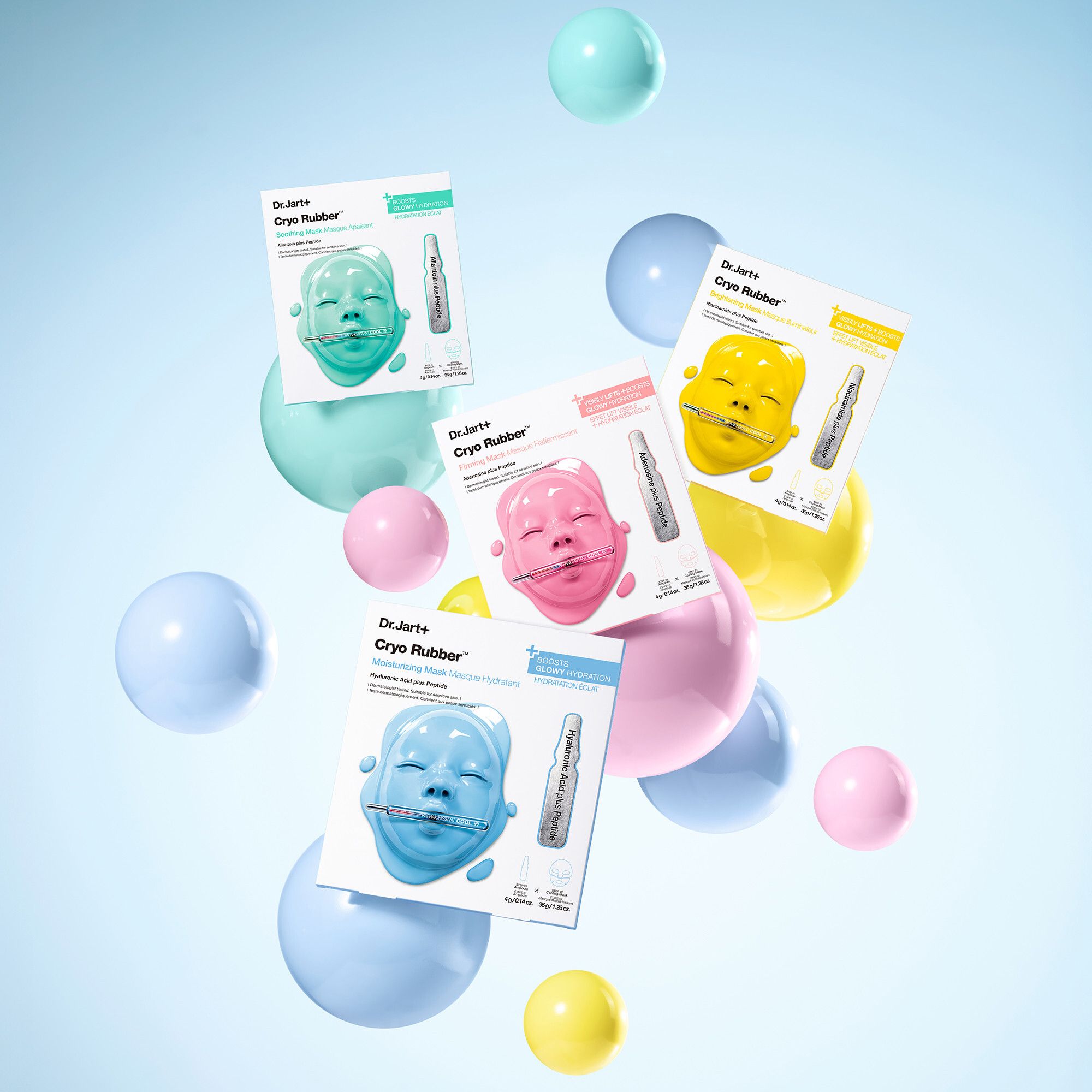 Mehrere Verpackungen von Dr.Jart+ Cryo Rubber™ Brightening Mask schweben in der Luft. Verschiedene Farben.